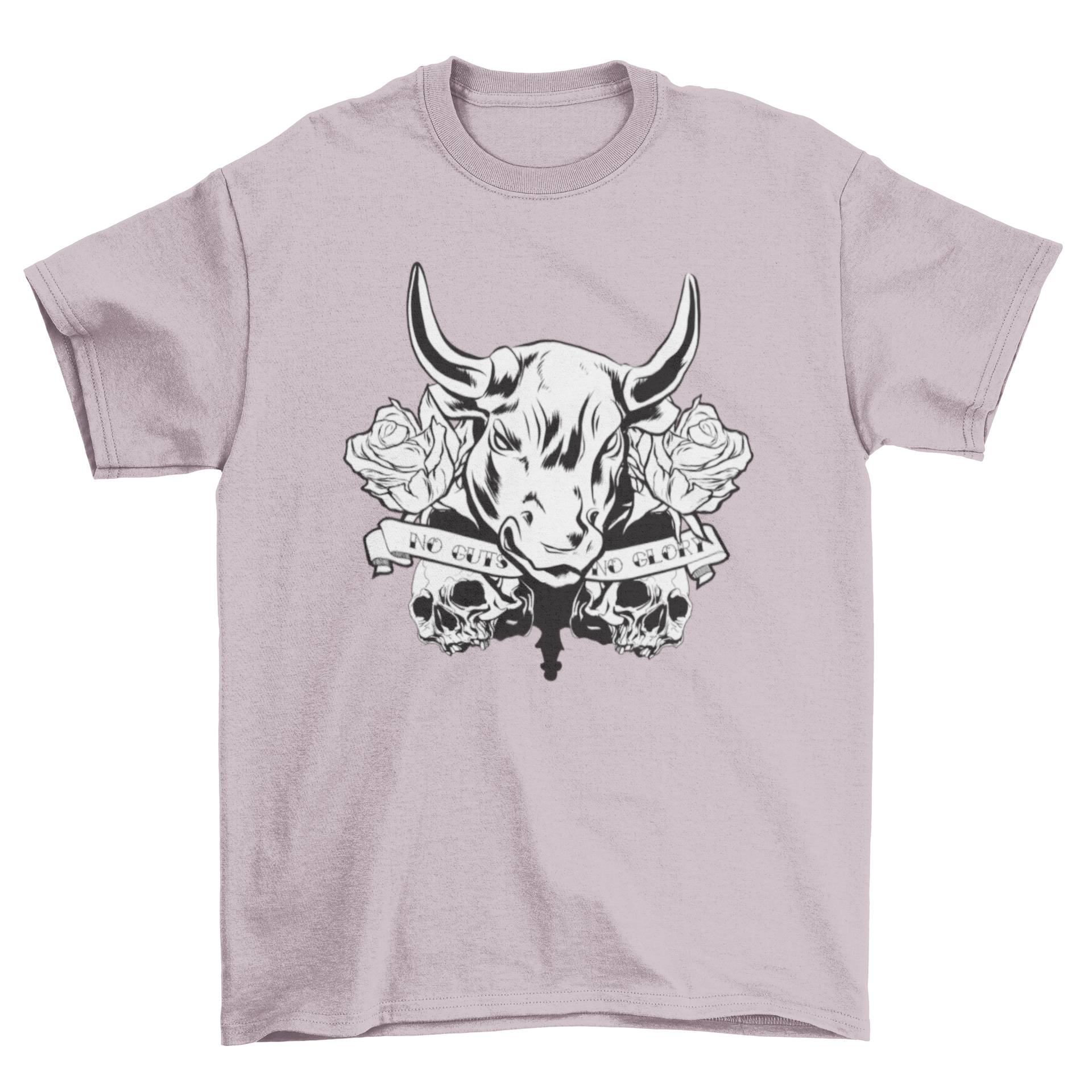 Glory Bull T-Shirt featuring an angry bull illustration with roses, skulls, and a ribbon that reads 'No guts no glory'.