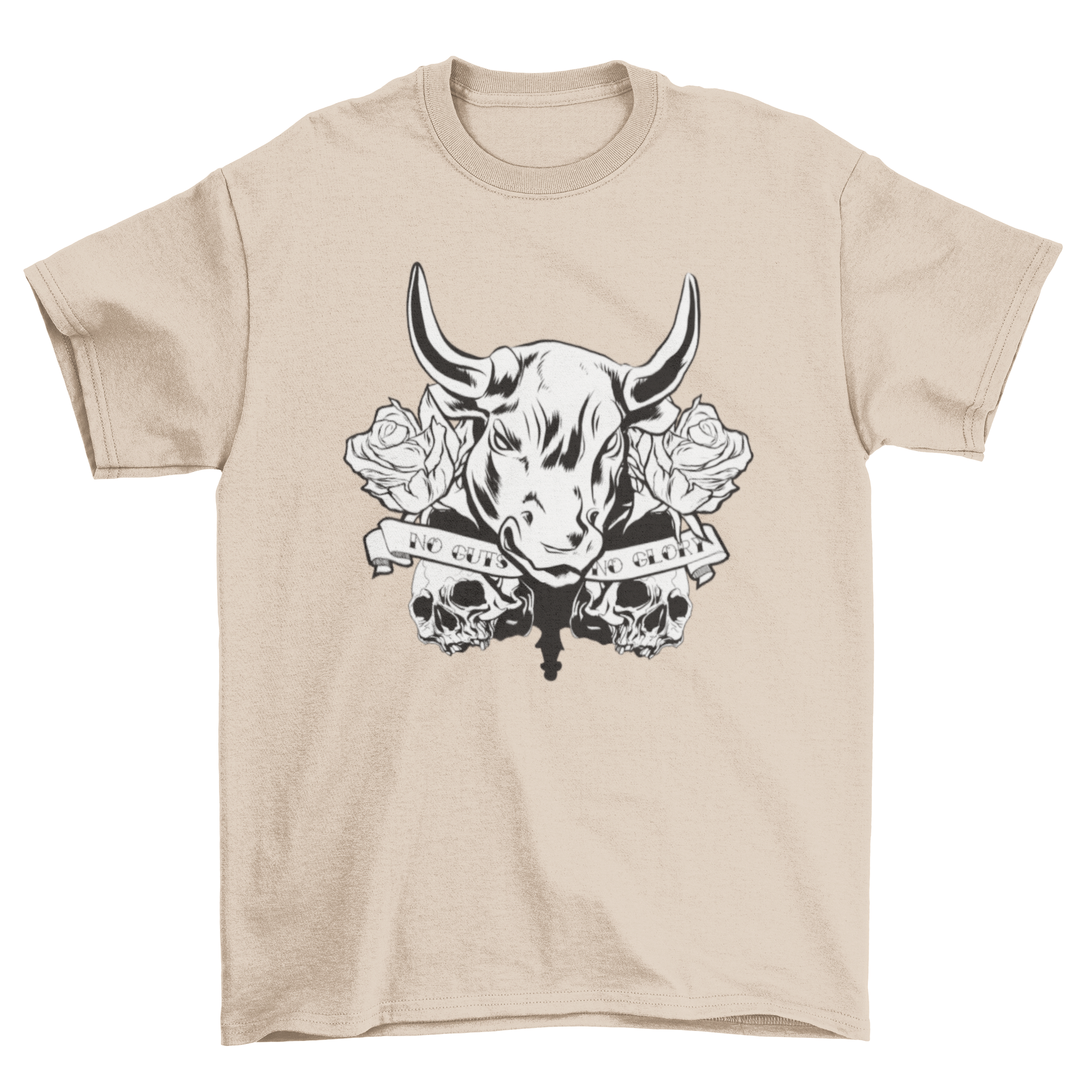 Glory Bull T-Shirt featuring an angry bull illustration with roses, skulls, and a ribbon that reads 'No guts no glory'.