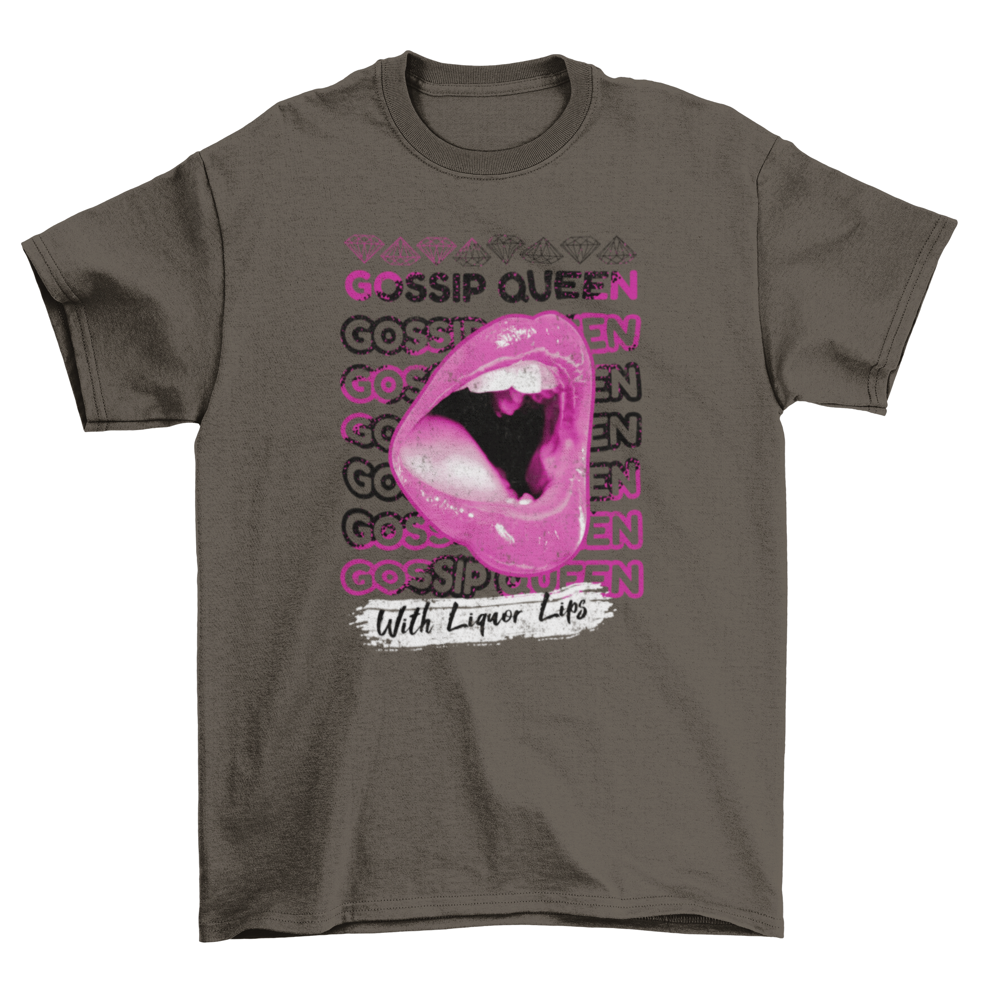 Glossy pink mouth t-shirt design featuring the quote 'Gossip queen with liquor lips' embellished with diamond graphics.