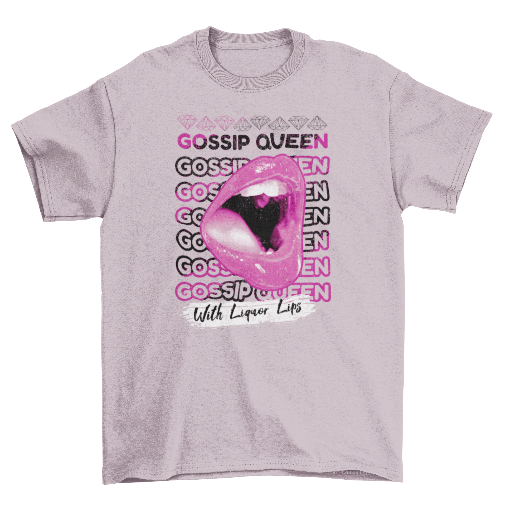 Glossy pink mouth t-shirt design featuring the quote 'Gossip queen with liquor lips' embellished with diamond graphics.