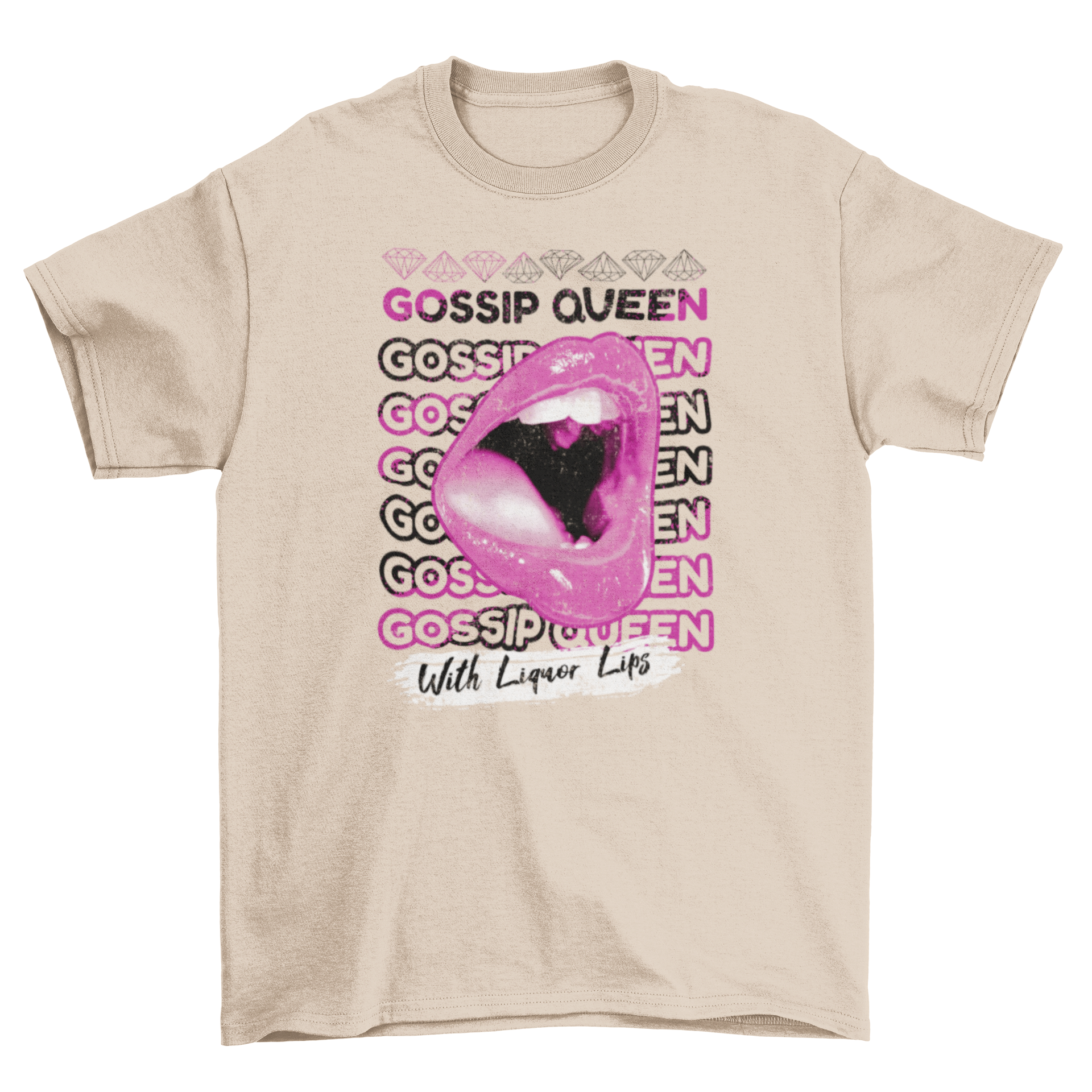 Glossy pink mouth t-shirt design featuring the quote 'Gossip queen with liquor lips' embellished with diamond graphics.