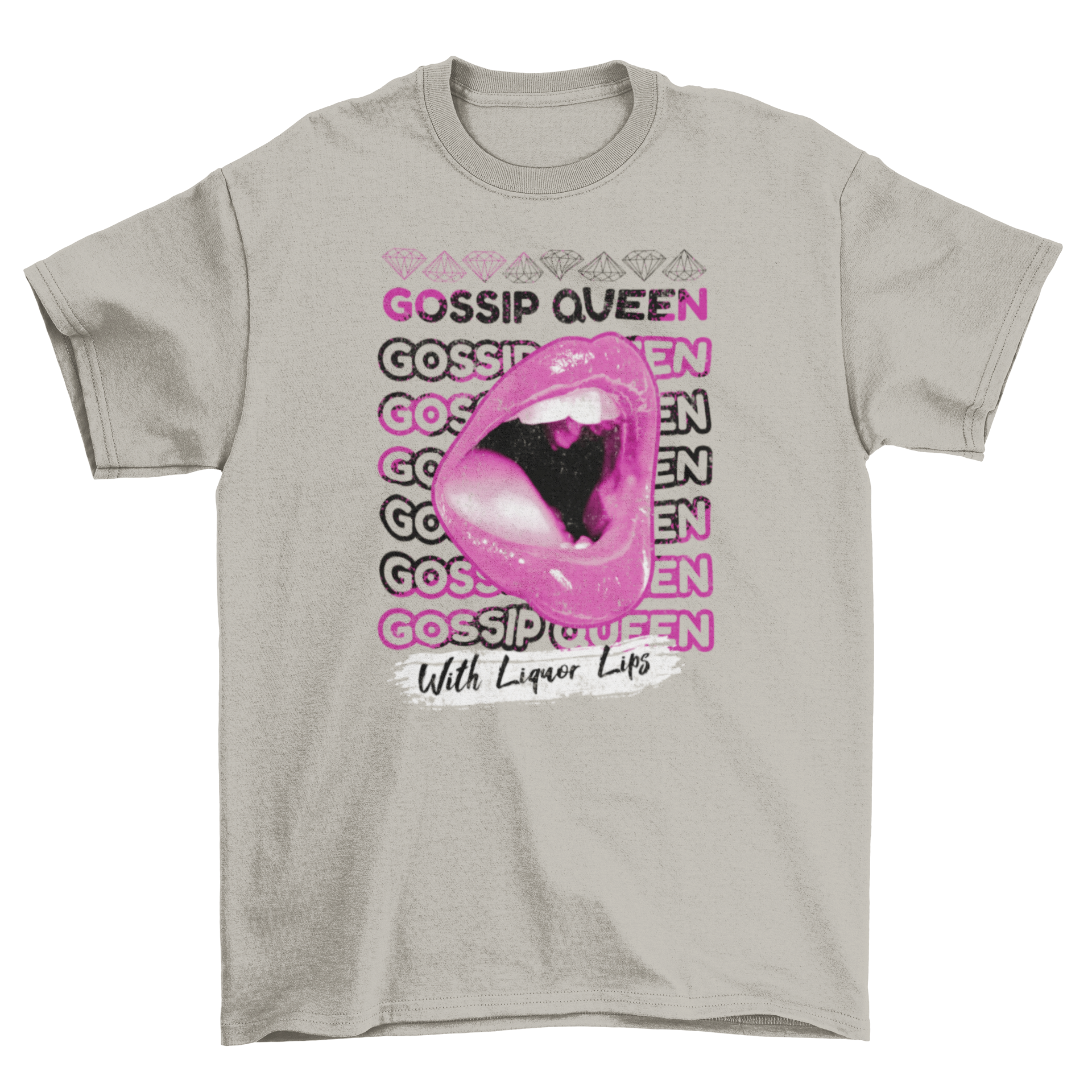 Glossy pink mouth t-shirt design featuring the quote 'Gossip queen with liquor lips' embellished with diamond graphics.