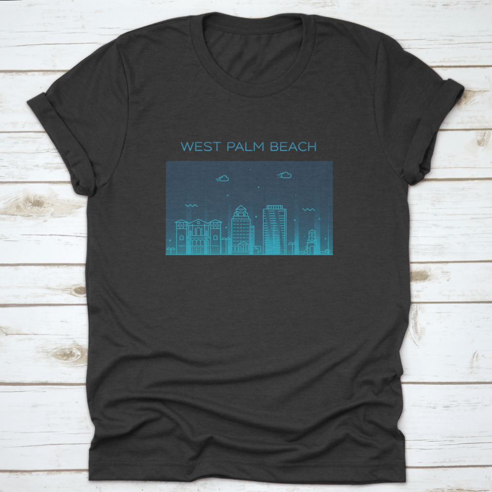 A trendy T-shirt featuring a glowing blue skyline of West Palm Beach, Florida, showcasing its vibrant cityscape.