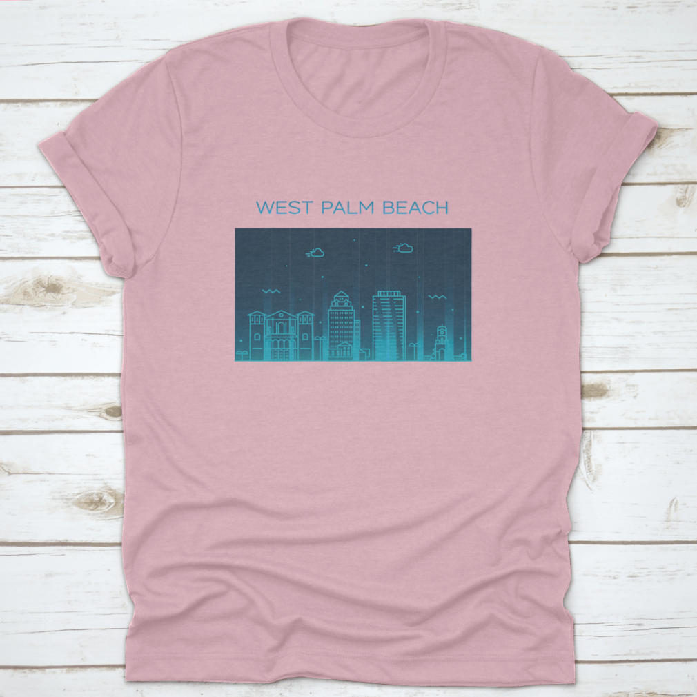 A trendy T-shirt featuring a glowing blue skyline of West Palm Beach, Florida, showcasing its vibrant cityscape.