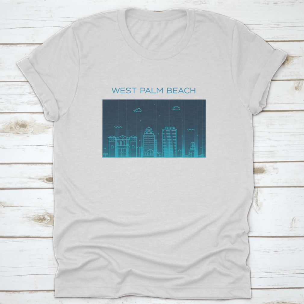 A trendy T-shirt featuring a glowing blue skyline of West Palm Beach, Florida, showcasing its vibrant cityscape.