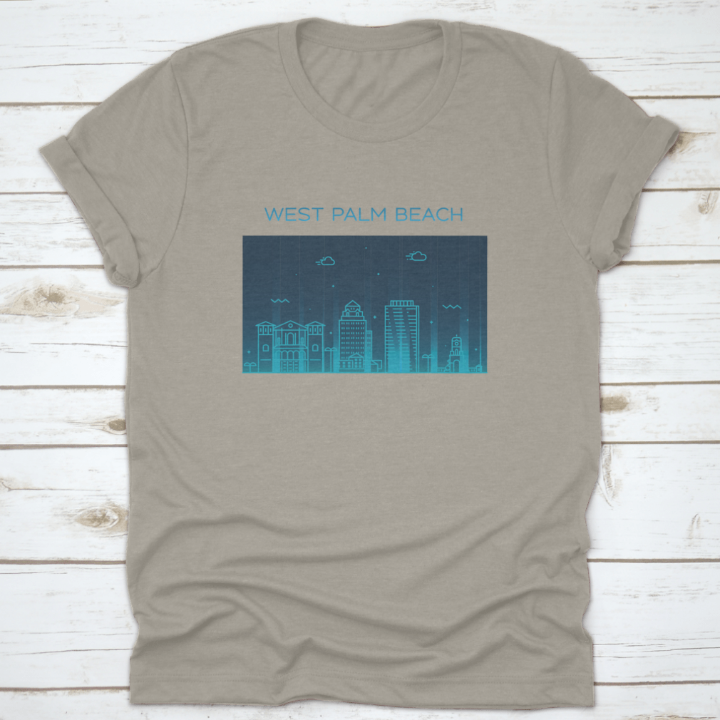 A trendy T-shirt featuring a glowing blue skyline of West Palm Beach, Florida, showcasing its vibrant cityscape.