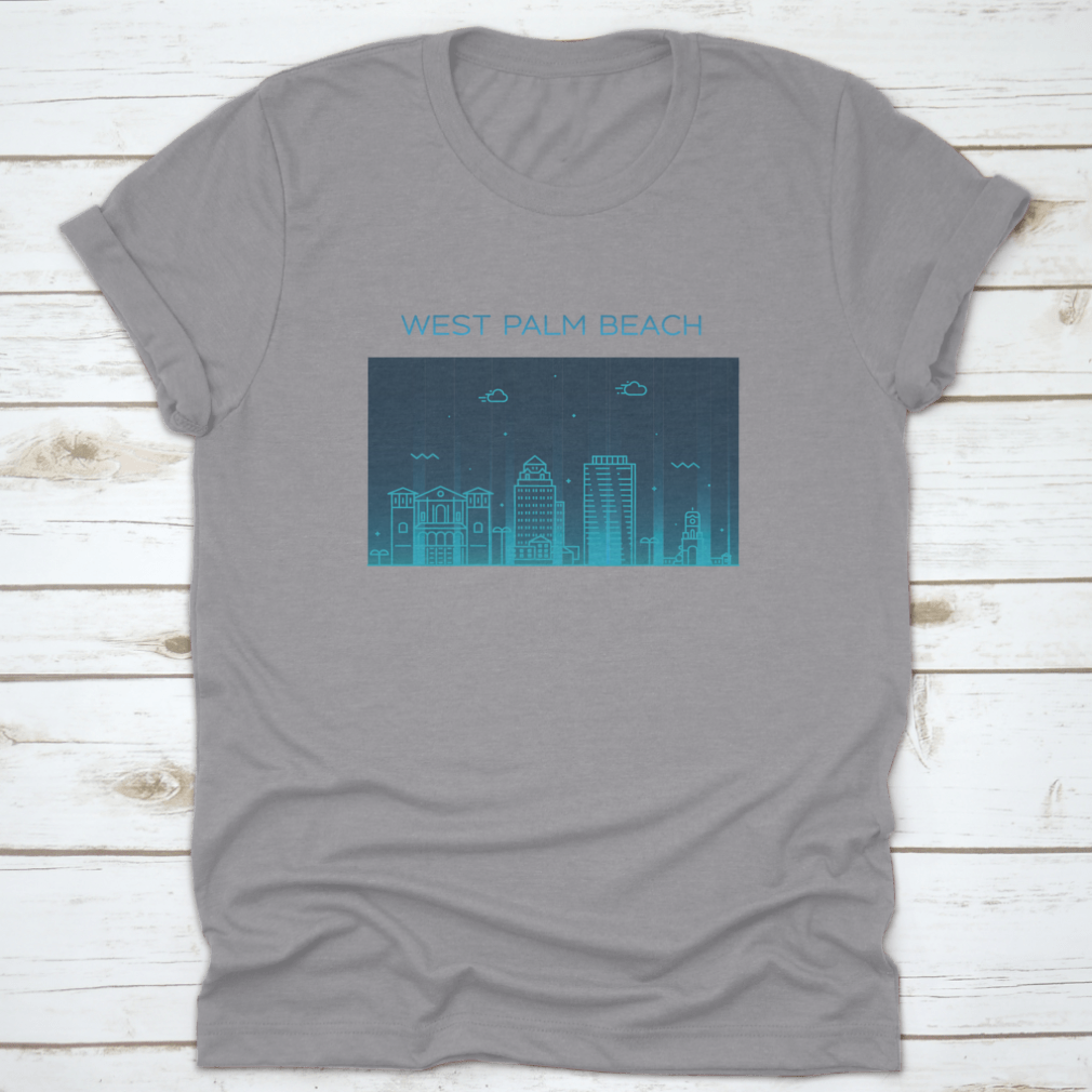 A trendy T-shirt featuring a glowing blue skyline of West Palm Beach, Florida, showcasing its vibrant cityscape.