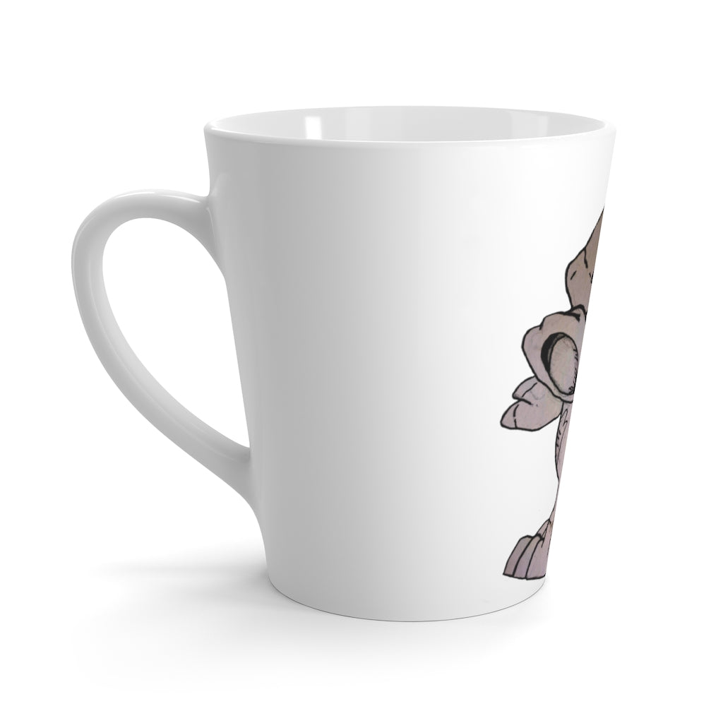 A stylish white ceramic latte mug with a C-handle, featuring high-quality sublimation printing, perfect for coffee lovers.