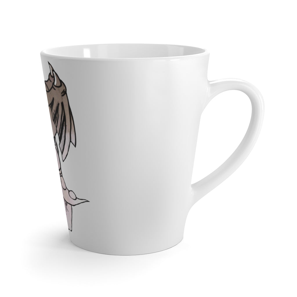 A stylish white ceramic latte mug with a C-handle, featuring high-quality sublimation printing, perfect for coffee lovers.