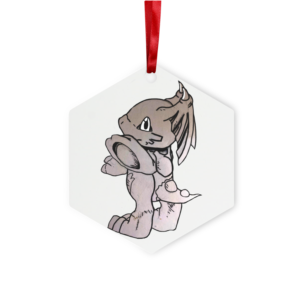 Glucose Metal Hanging Ornament in hexagon and star shapes, featuring a glossy white finish and red ribbon for hanging.