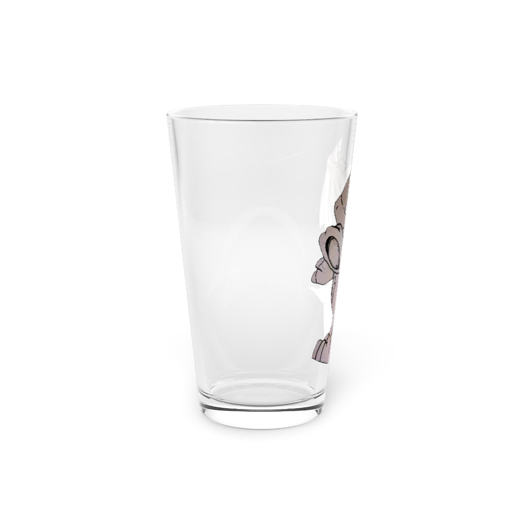 A clear 16oz Glucose Pint Glass showcasing its elegant design, perfect for personalized prints.