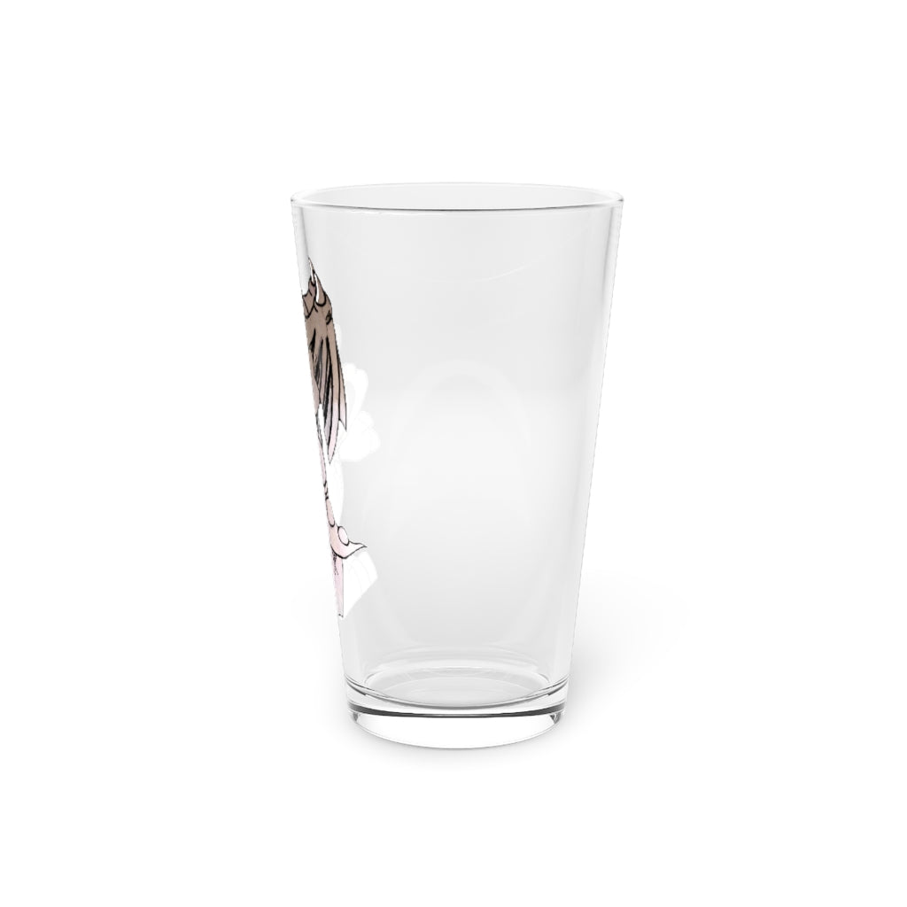 A clear 16oz Glucose Pint Glass showcasing its elegant design, perfect for personalized prints.