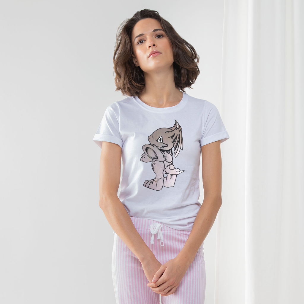 Glucose Women's Long Pant Pyjama Set featuring a white t-shirt with turn-up cuffs and heather grey striped pants, accompanied by a matching drawcord bag.