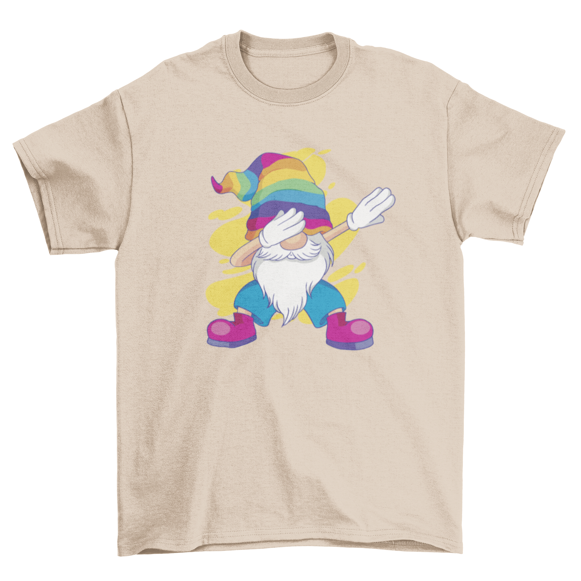 A humorous t-shirt featuring a gnome dabbing, showcasing a playful and fun design.