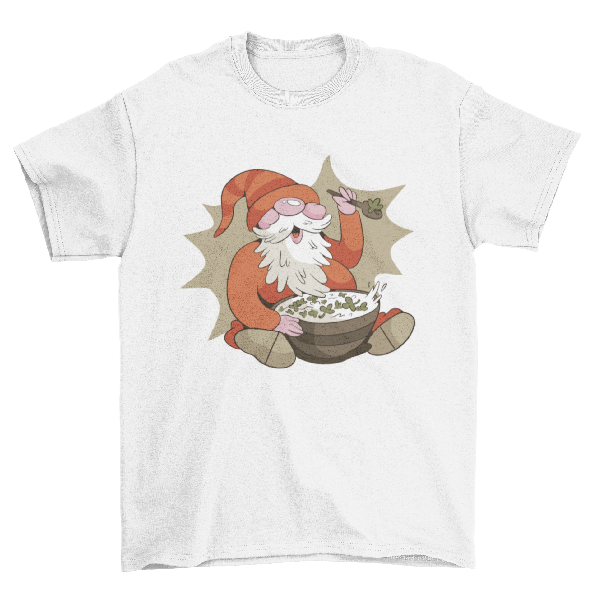 A whimsical t-shirt featuring a gnome joyfully eating clover cereal from a bowl, set against a light background.