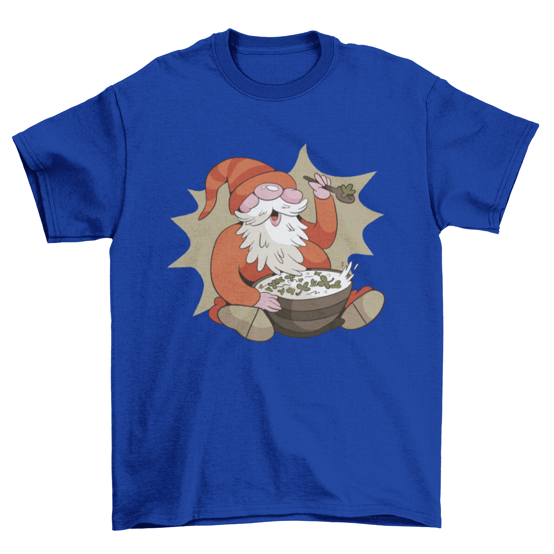 A whimsical t-shirt featuring a gnome joyfully eating clover cereal from a bowl, set against a light background.