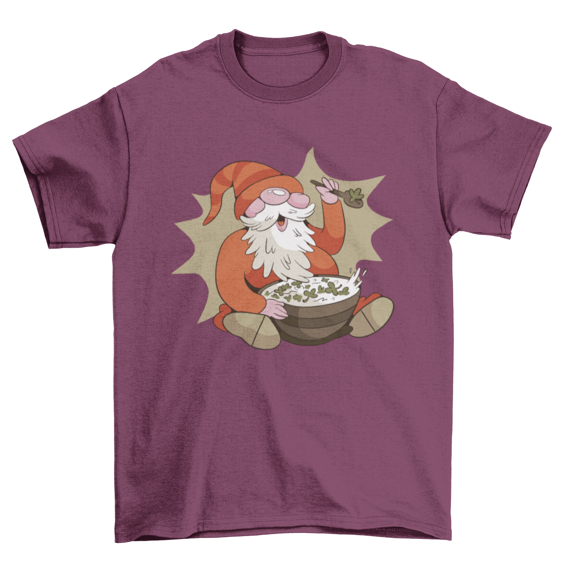 A whimsical t-shirt featuring a gnome joyfully eating clover cereal from a bowl, set against a light background.