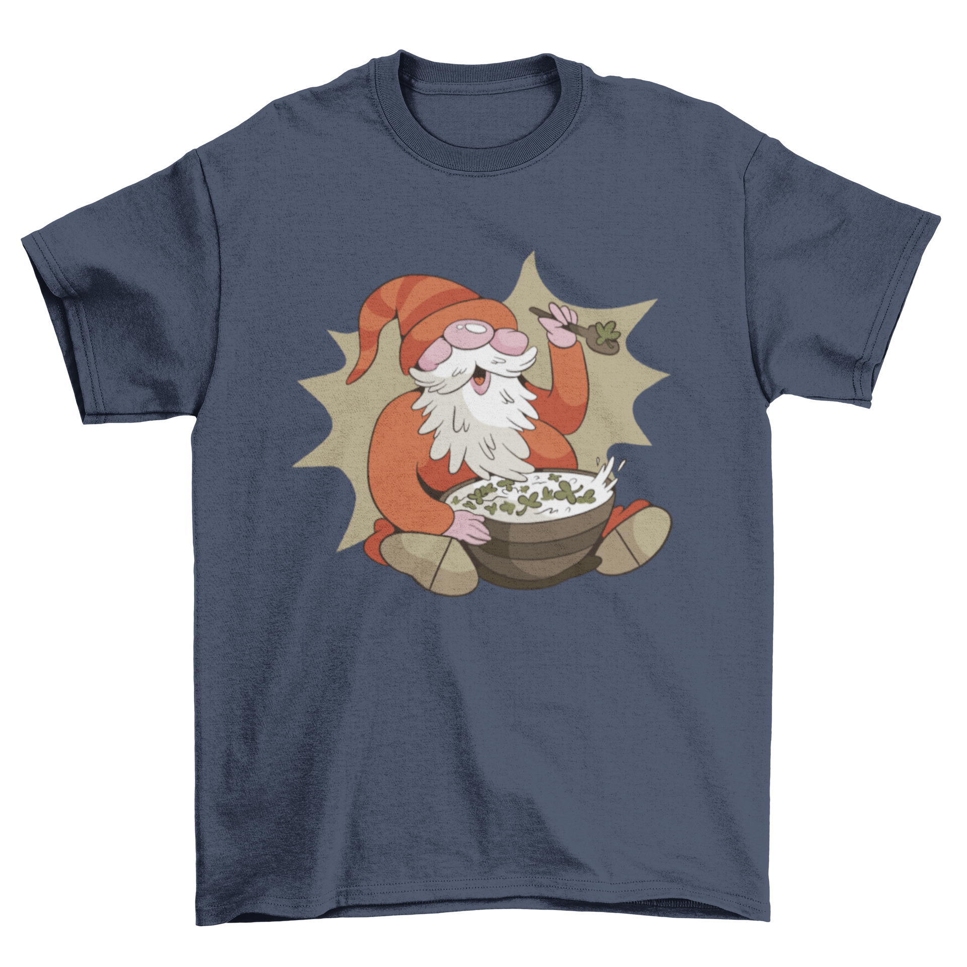 A whimsical t-shirt featuring a gnome joyfully eating clover cereal from a bowl, set against a light background.