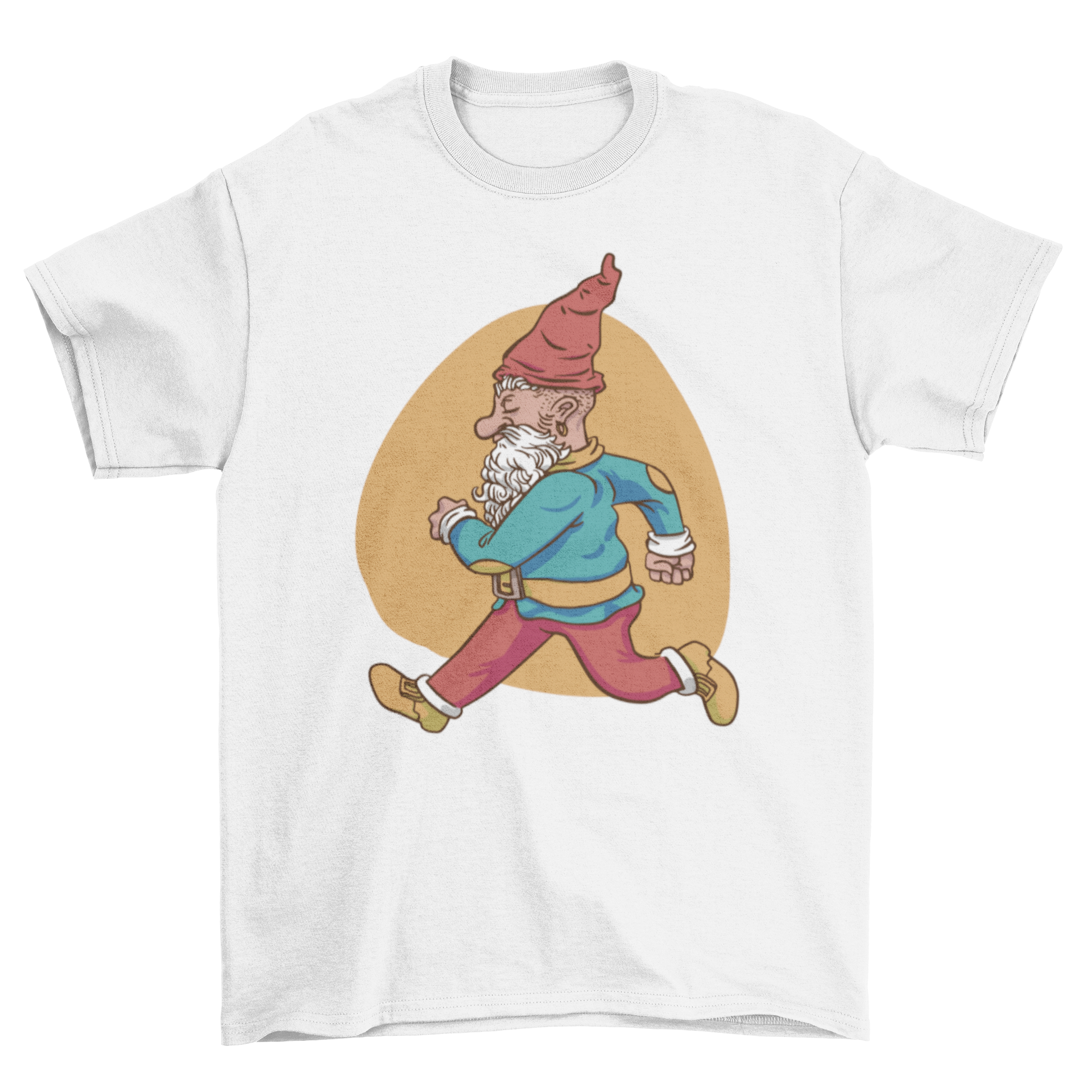 A vibrant t-shirt featuring a whimsical gnome character running, showcasing a playful design.