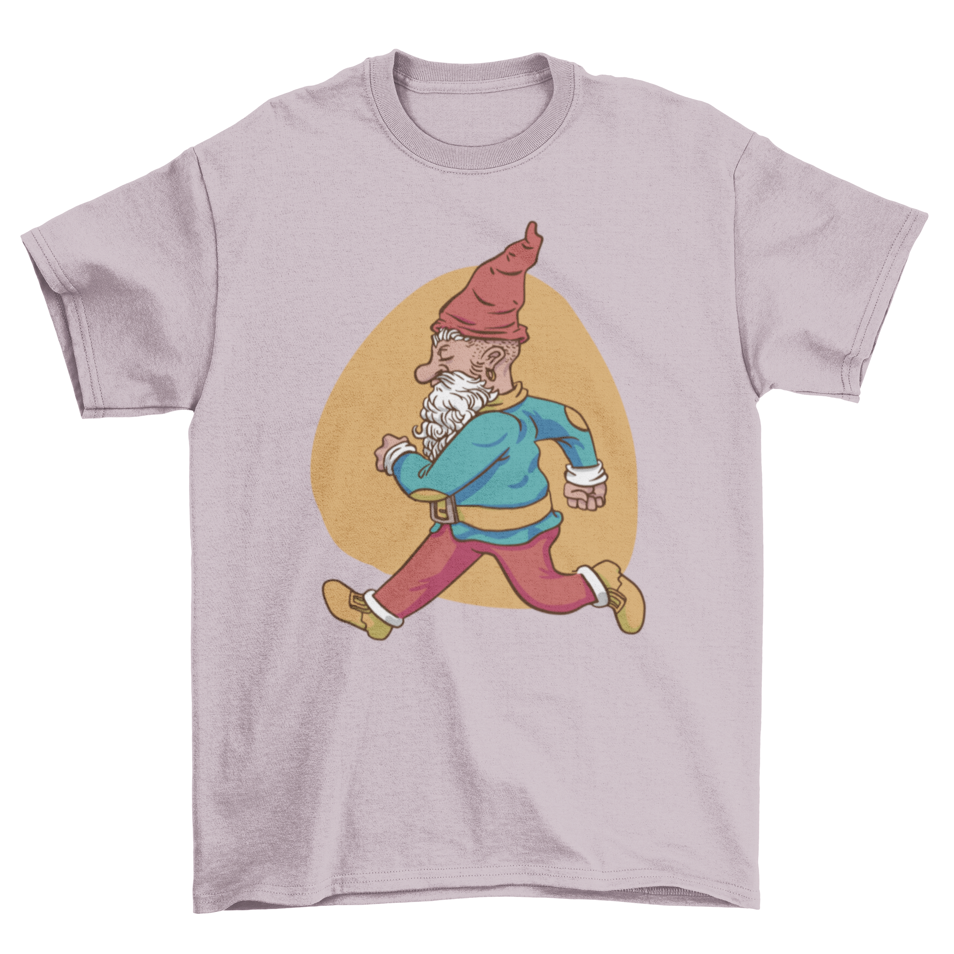 A vibrant t-shirt featuring a whimsical gnome character running, showcasing a playful design.