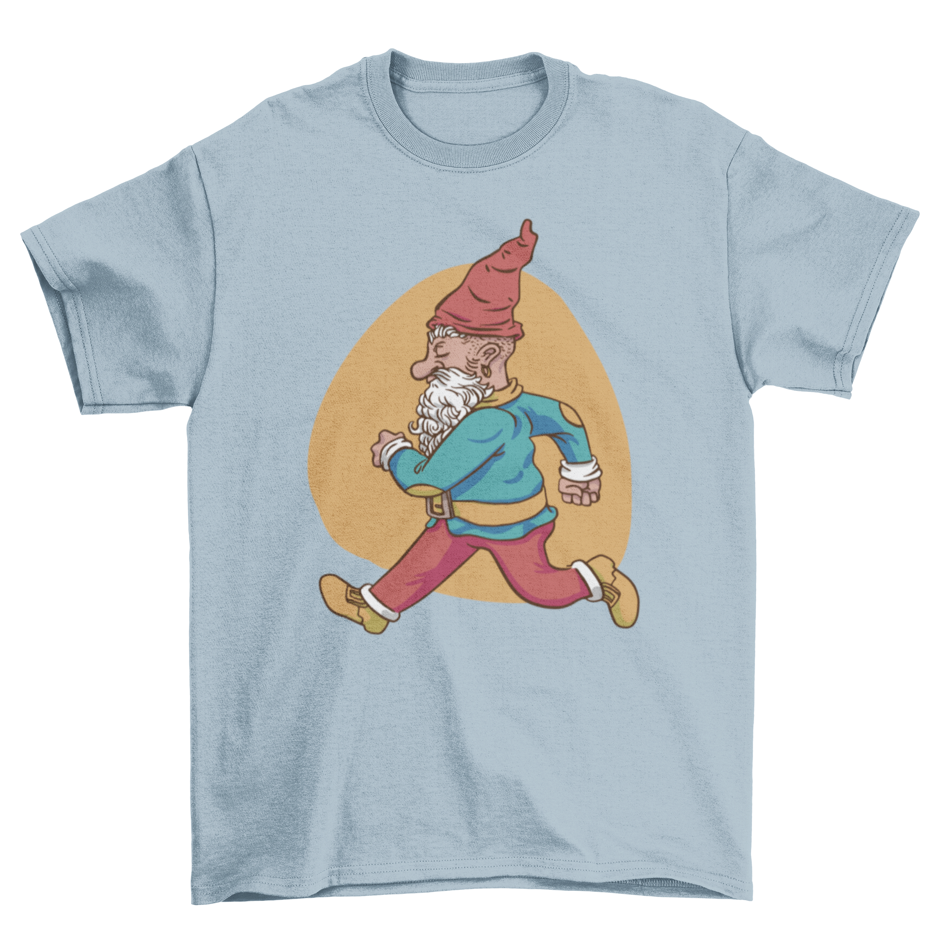 A vibrant t-shirt featuring a whimsical gnome character running, showcasing a playful design.