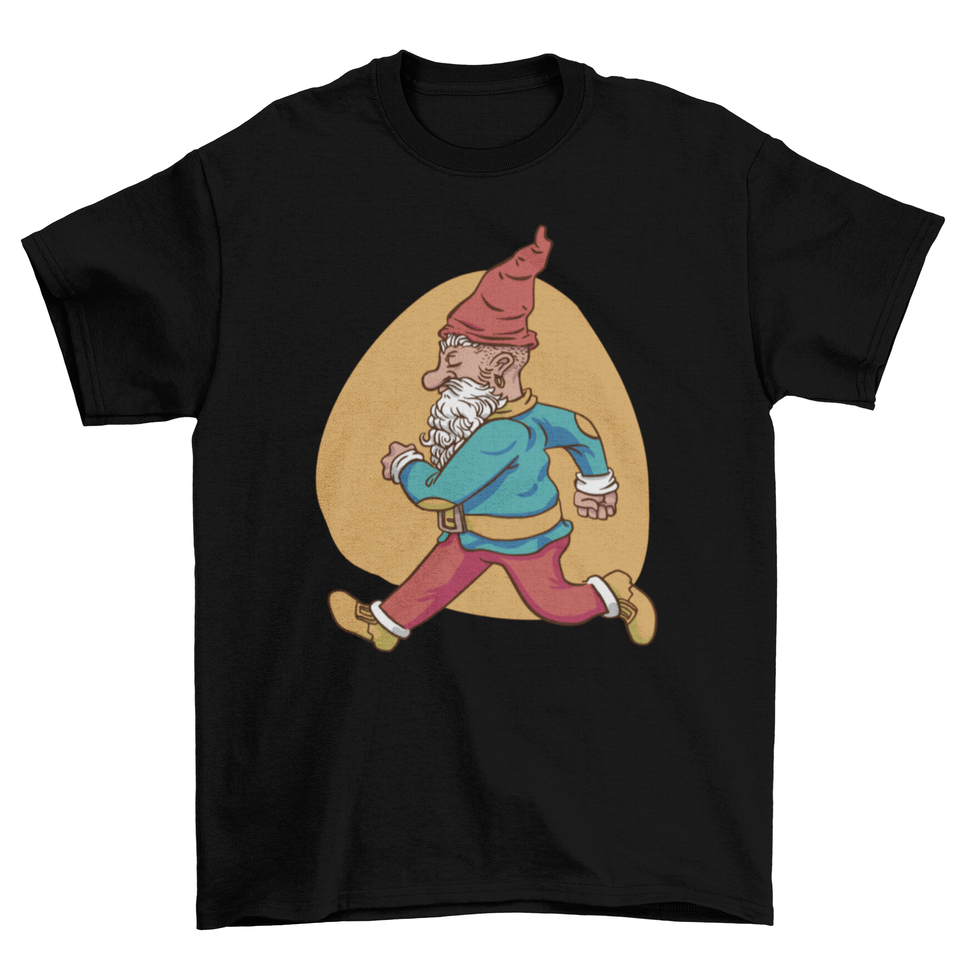 A vibrant t-shirt featuring a whimsical gnome character running, showcasing a playful design.