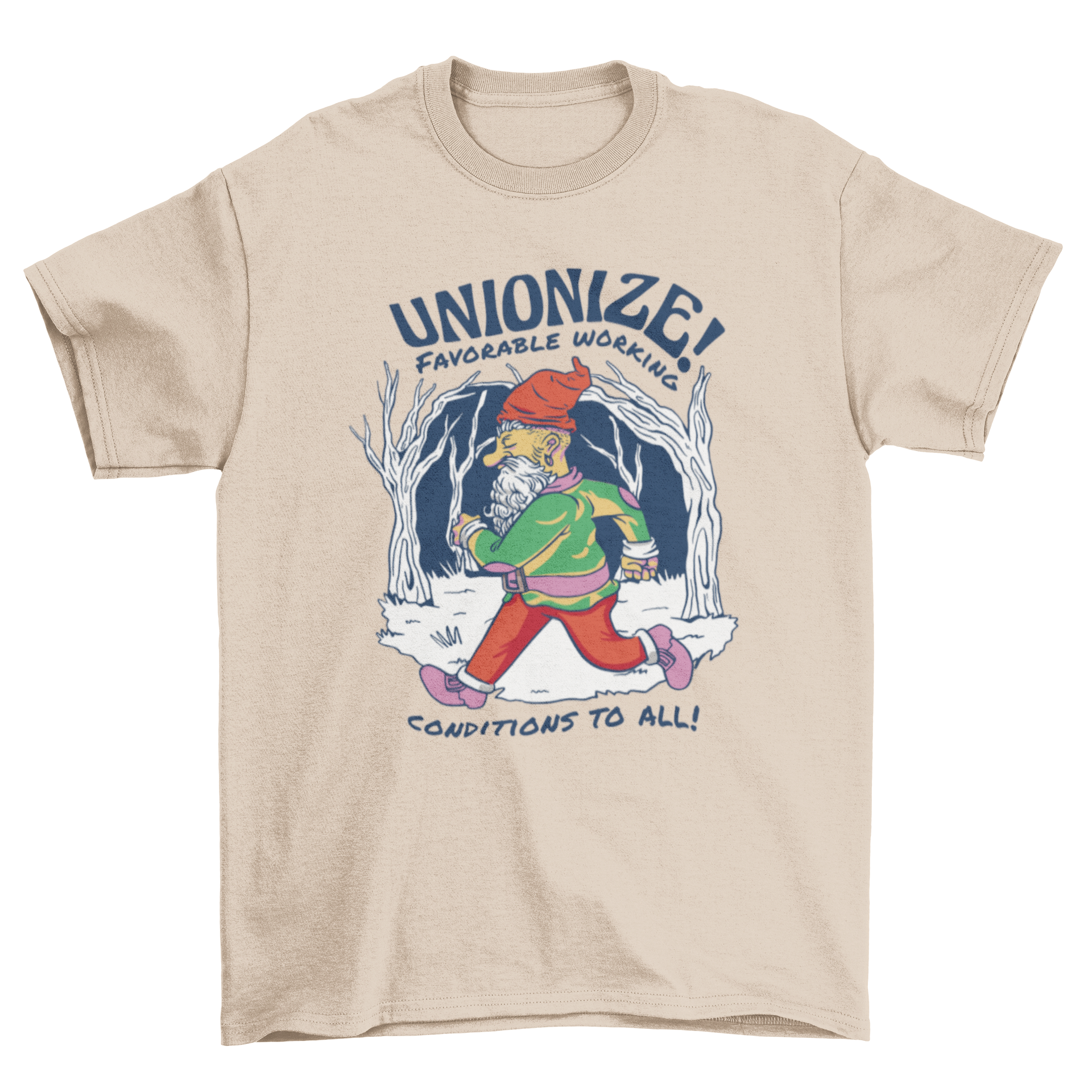 Gnome running through a vibrant forest on a t-shirt, featuring a motivational quote about unionizing.