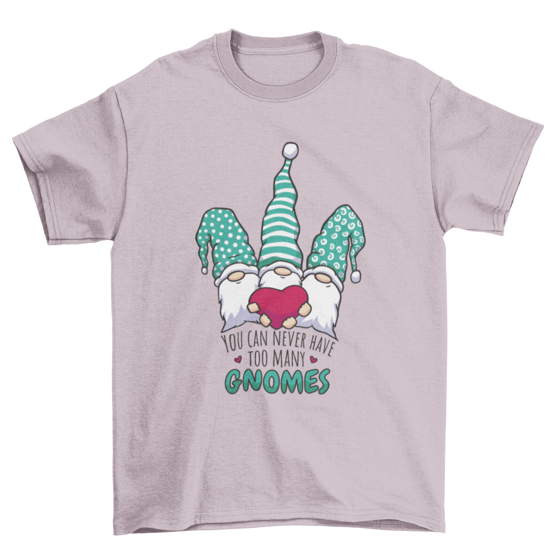 A whimsical t-shirt featuring three gnomes holding a heart with the quote 'You can never have too many gnomes'.