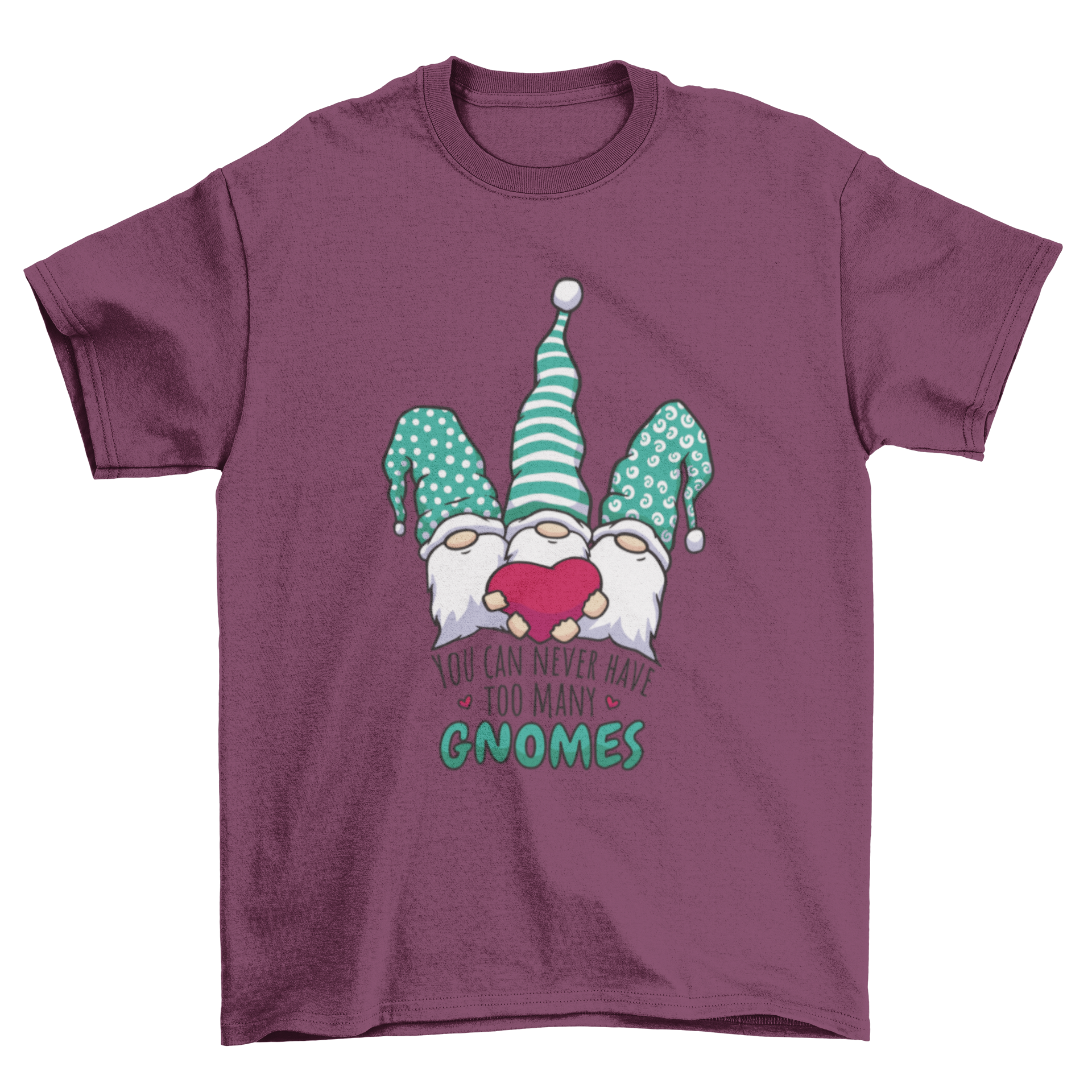 A whimsical t-shirt featuring three gnomes holding a heart with the quote 'You can never have too many gnomes'.