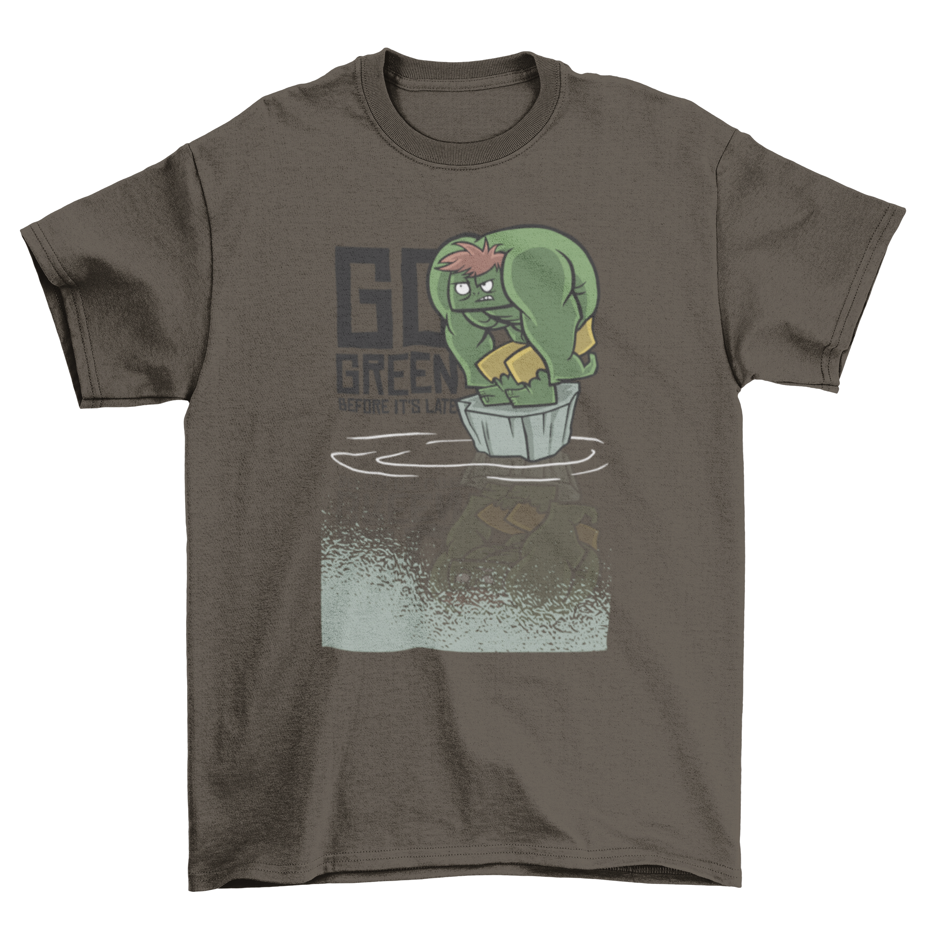 A stylish t-shirt featuring a green monster design with the text 'Go green before it's late' promoting environmental awareness.