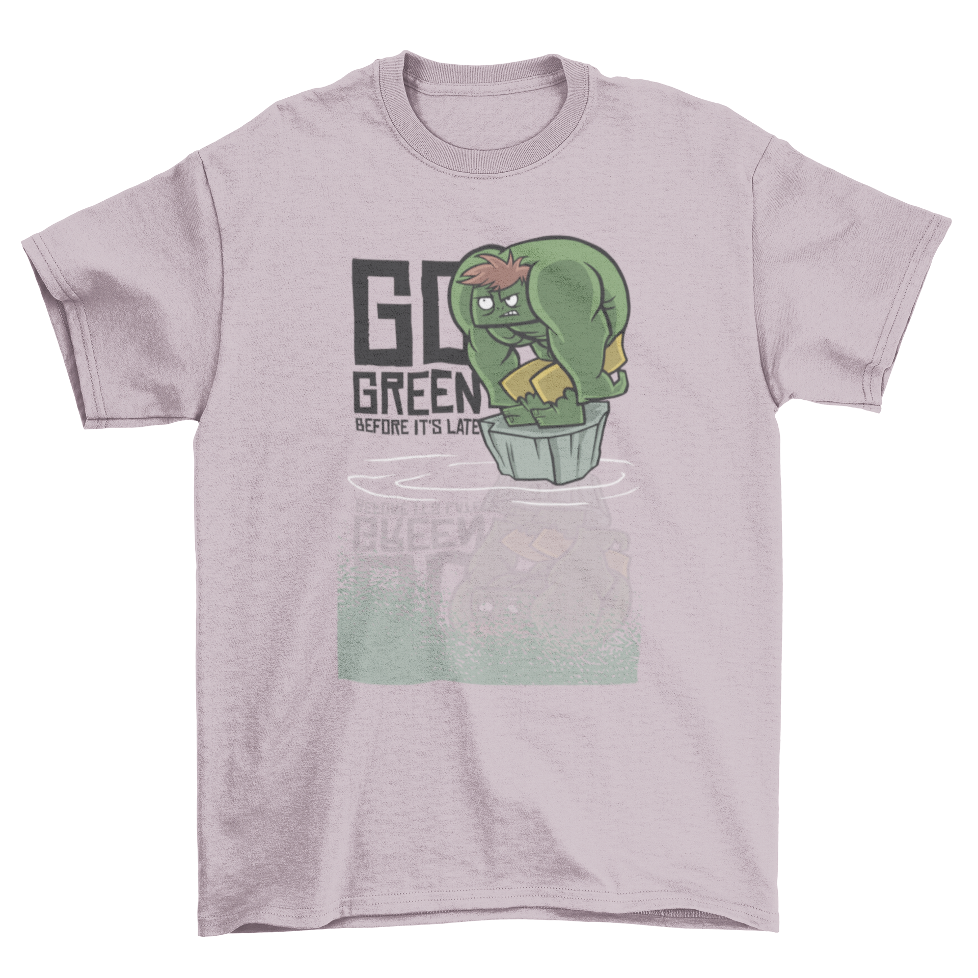 A stylish t-shirt featuring a green monster design with the text 'Go green before it's late' promoting environmental awareness.