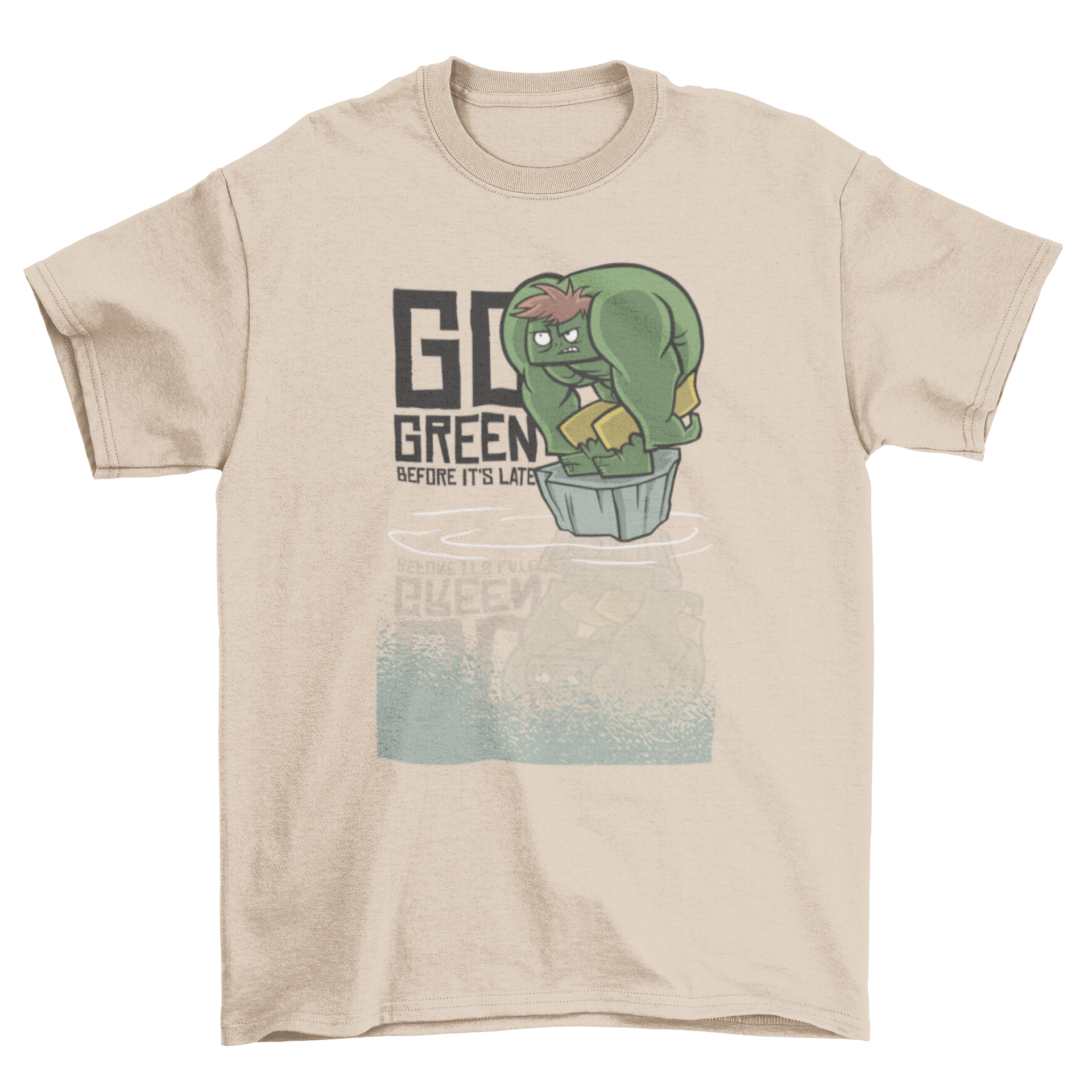 A stylish t-shirt featuring a green monster design with the text 'Go green before it's late' promoting environmental awareness.