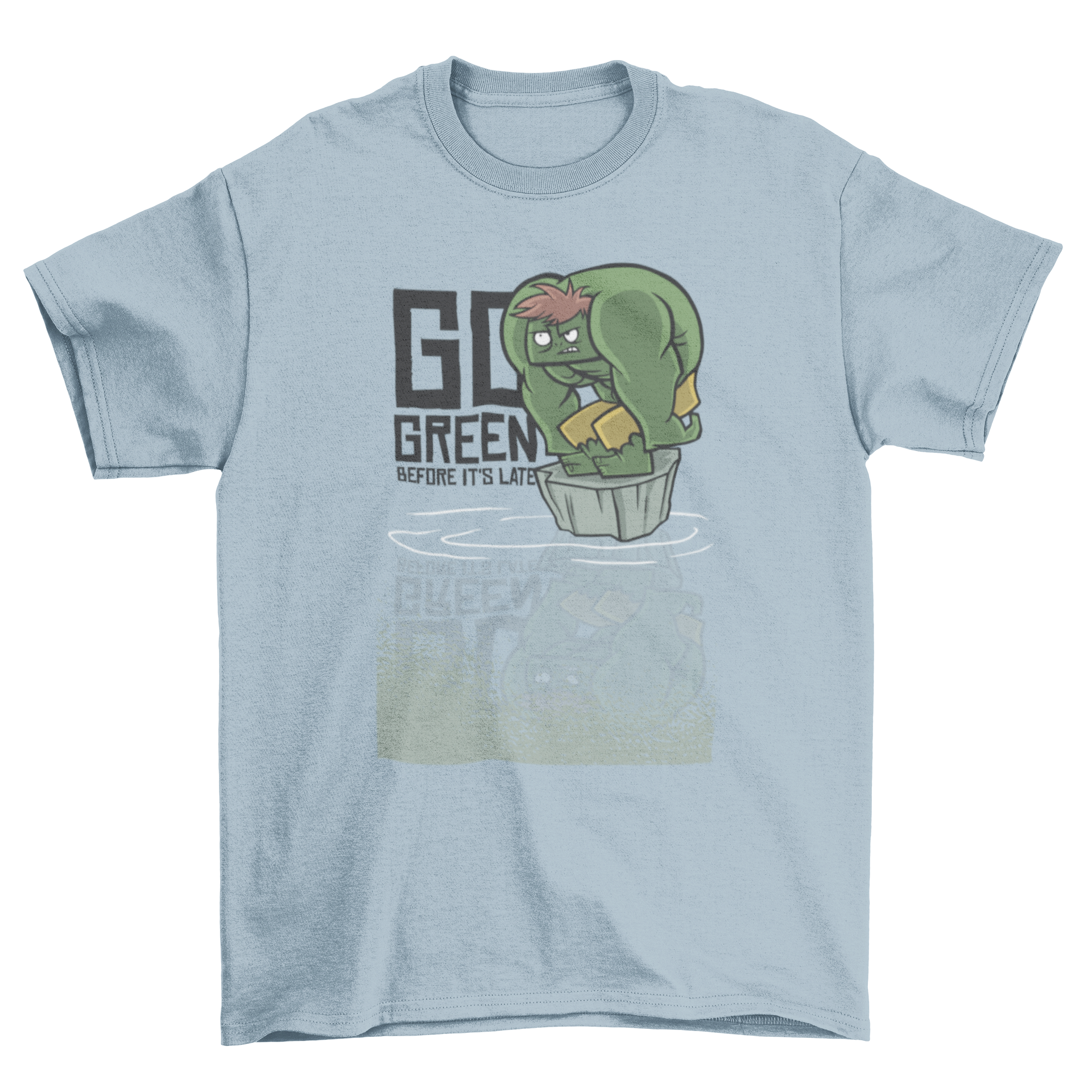 A stylish t-shirt featuring a green monster design with the text 'Go green before it's late' promoting environmental awareness.