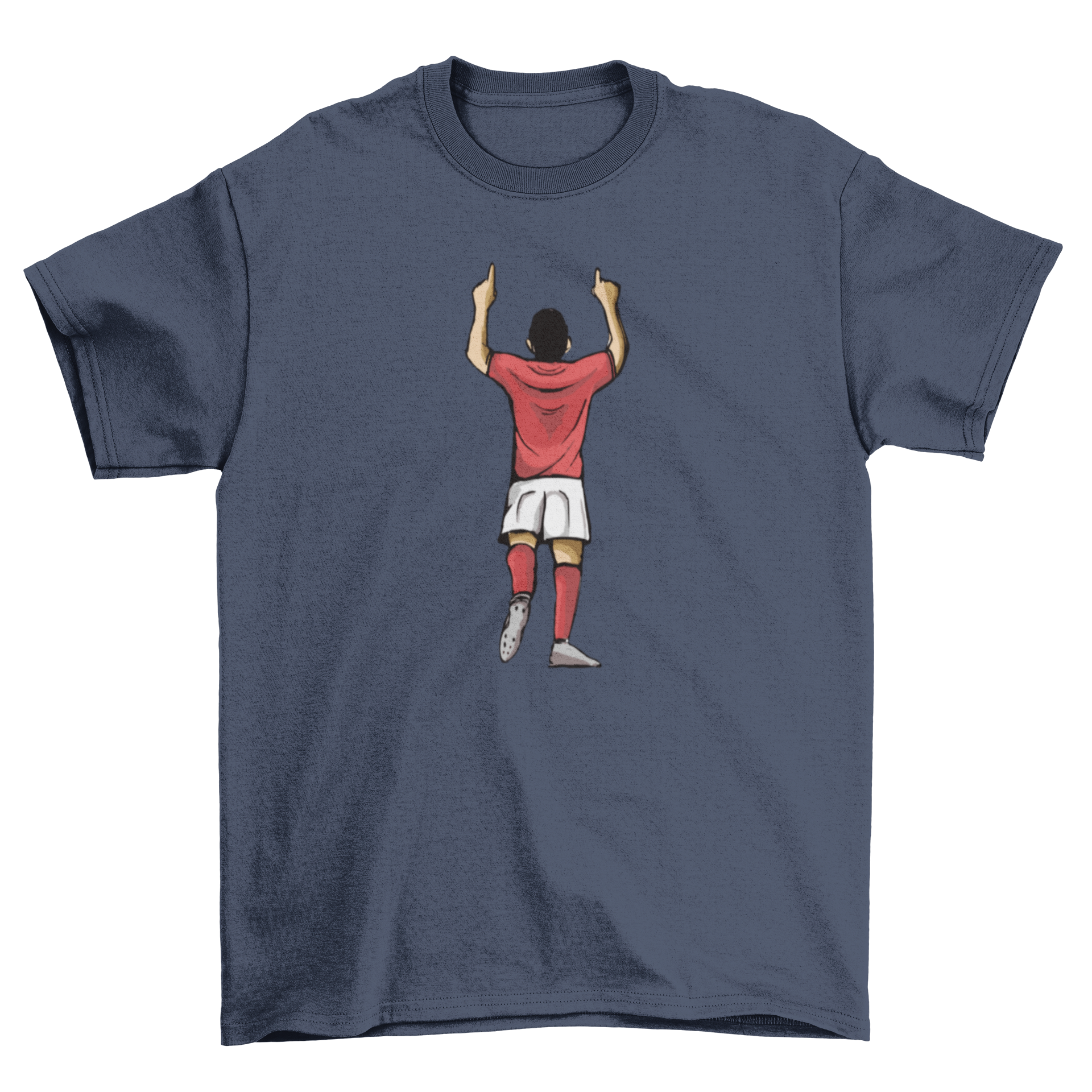 A stylish t-shirt featuring a soccer player celebrating a goal, seen from behind, perfect for soccer fans.