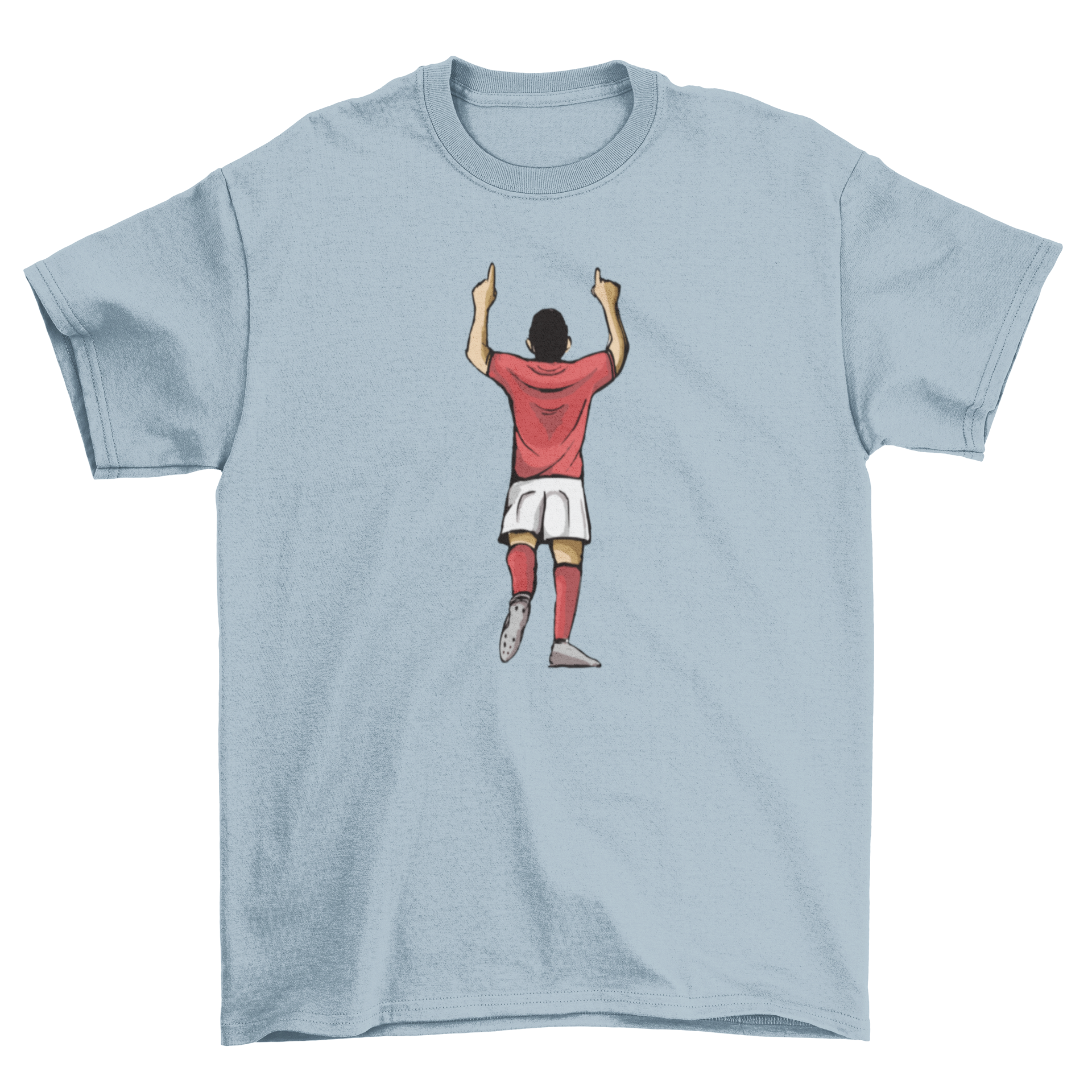 A stylish t-shirt featuring a soccer player celebrating a goal, seen from behind, perfect for soccer fans.