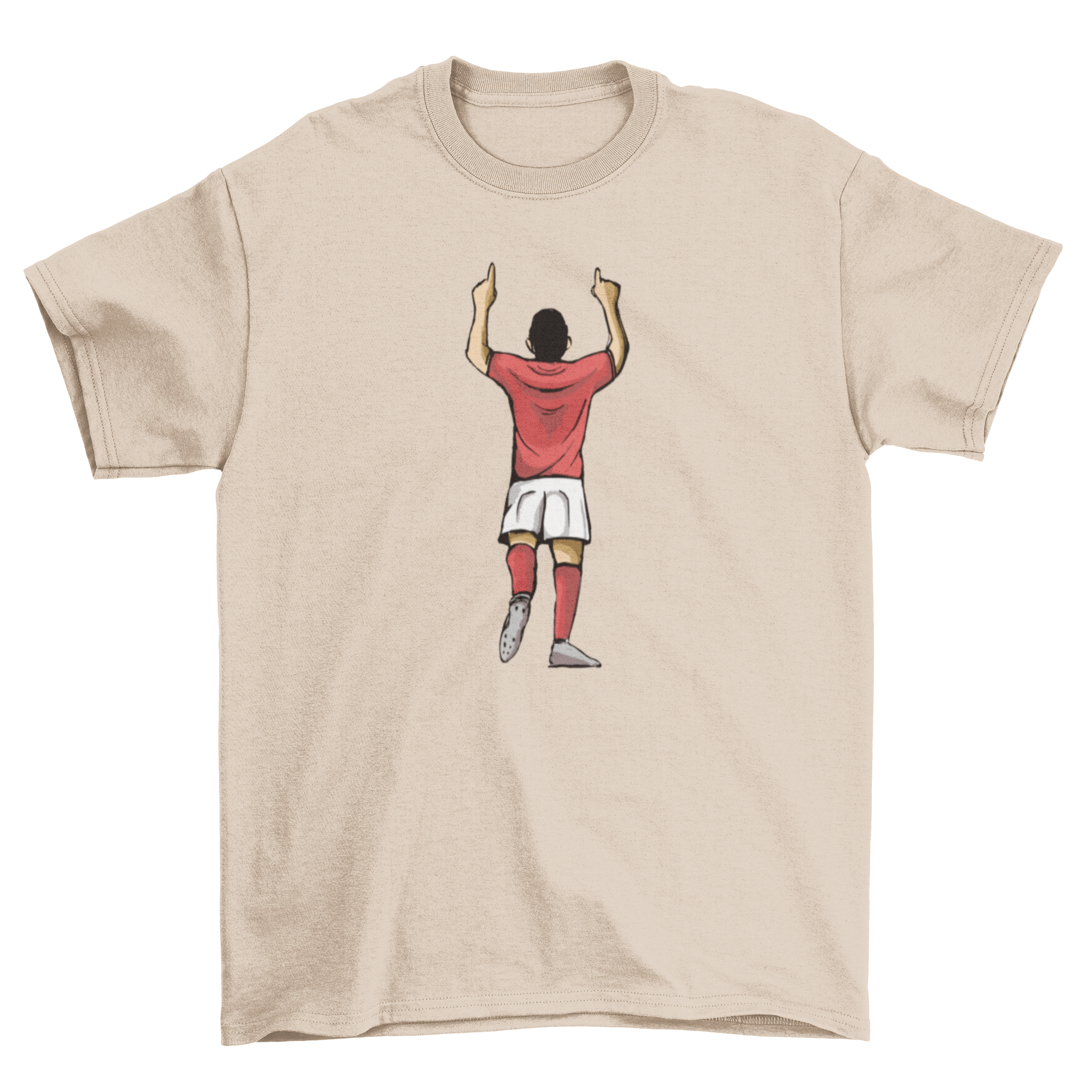 A stylish t-shirt featuring a soccer player celebrating a goal, seen from behind, perfect for soccer fans.