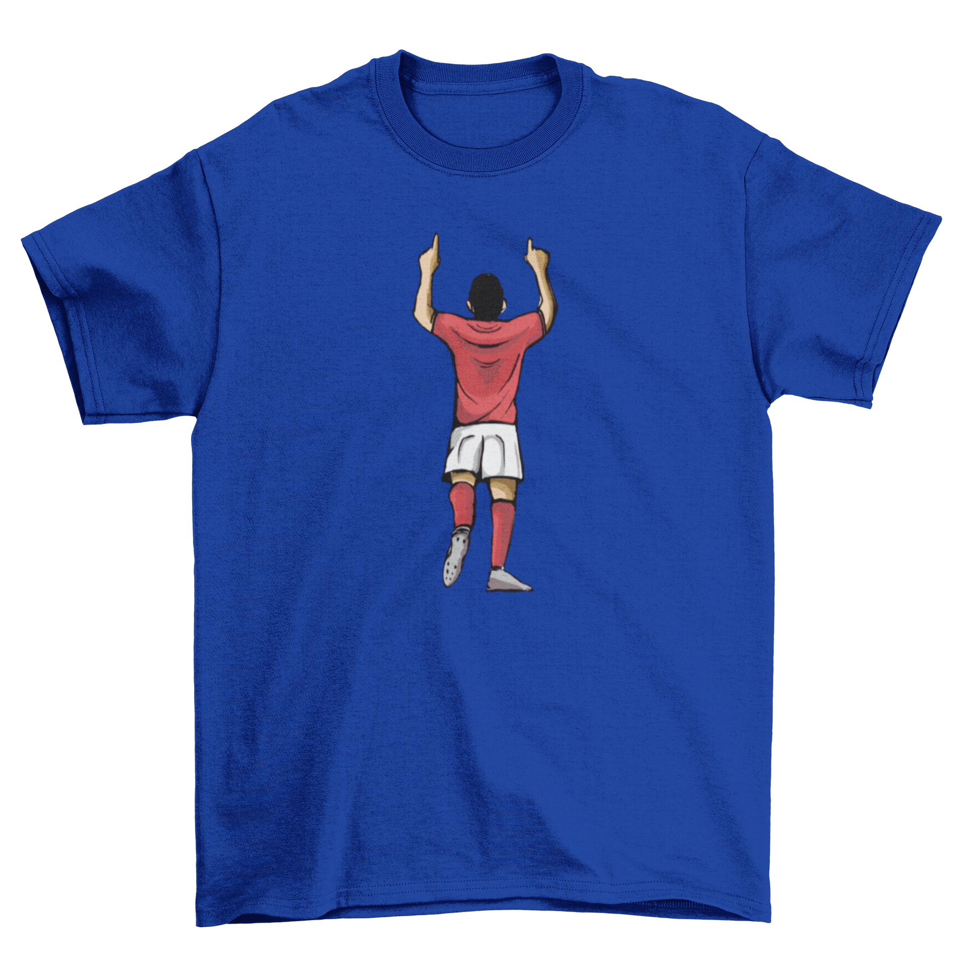 A stylish t-shirt featuring a soccer player celebrating a goal, seen from behind, perfect for soccer fans.