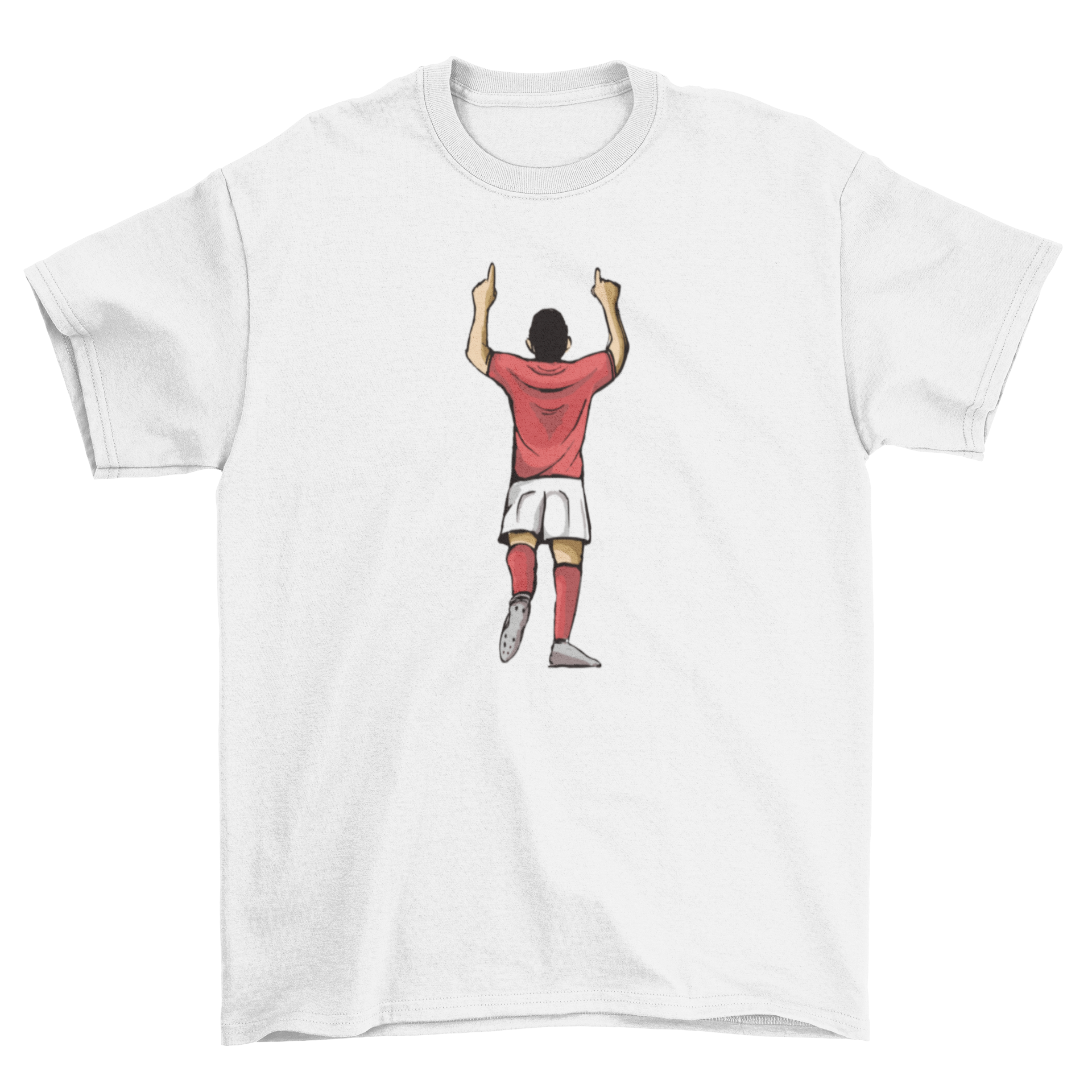 A stylish t-shirt featuring a soccer player celebrating a goal, seen from behind, perfect for soccer fans.