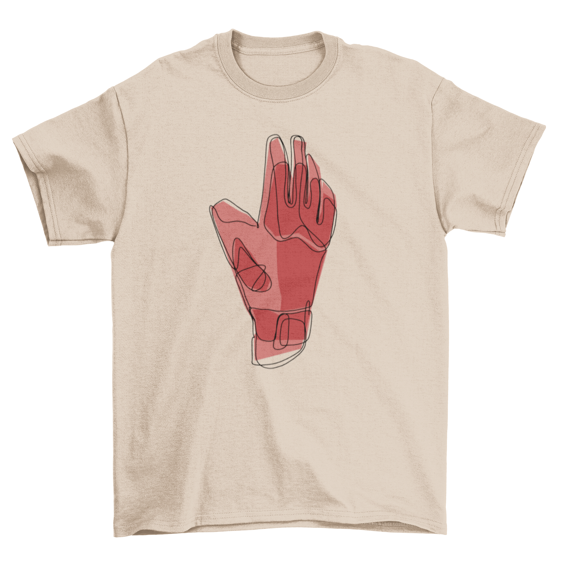 A stylish t-shirt featuring a continuous line design of a goalkeeper glove, perfect for soccer fans.