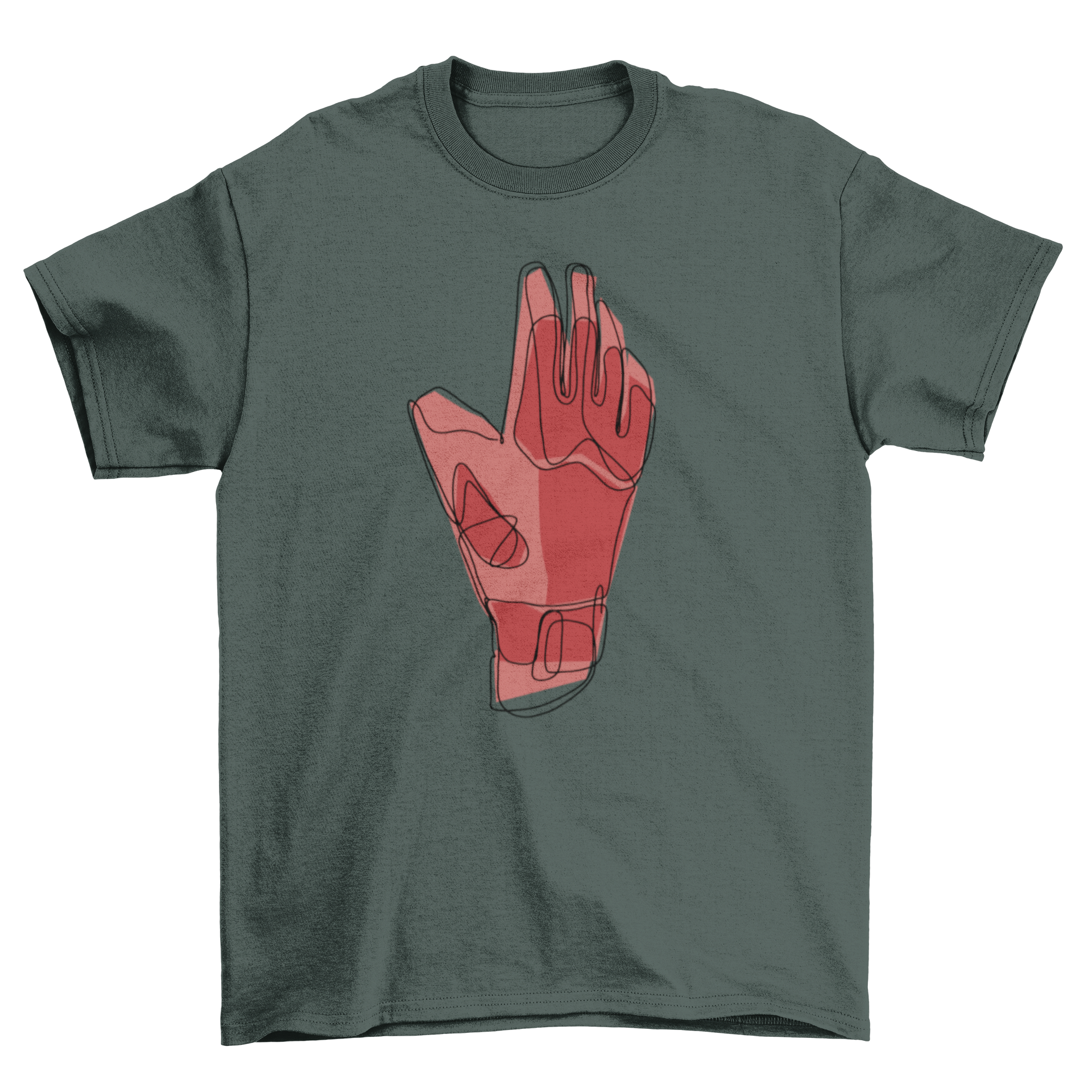 A stylish t-shirt featuring a continuous line design of a goalkeeper glove, perfect for soccer fans.