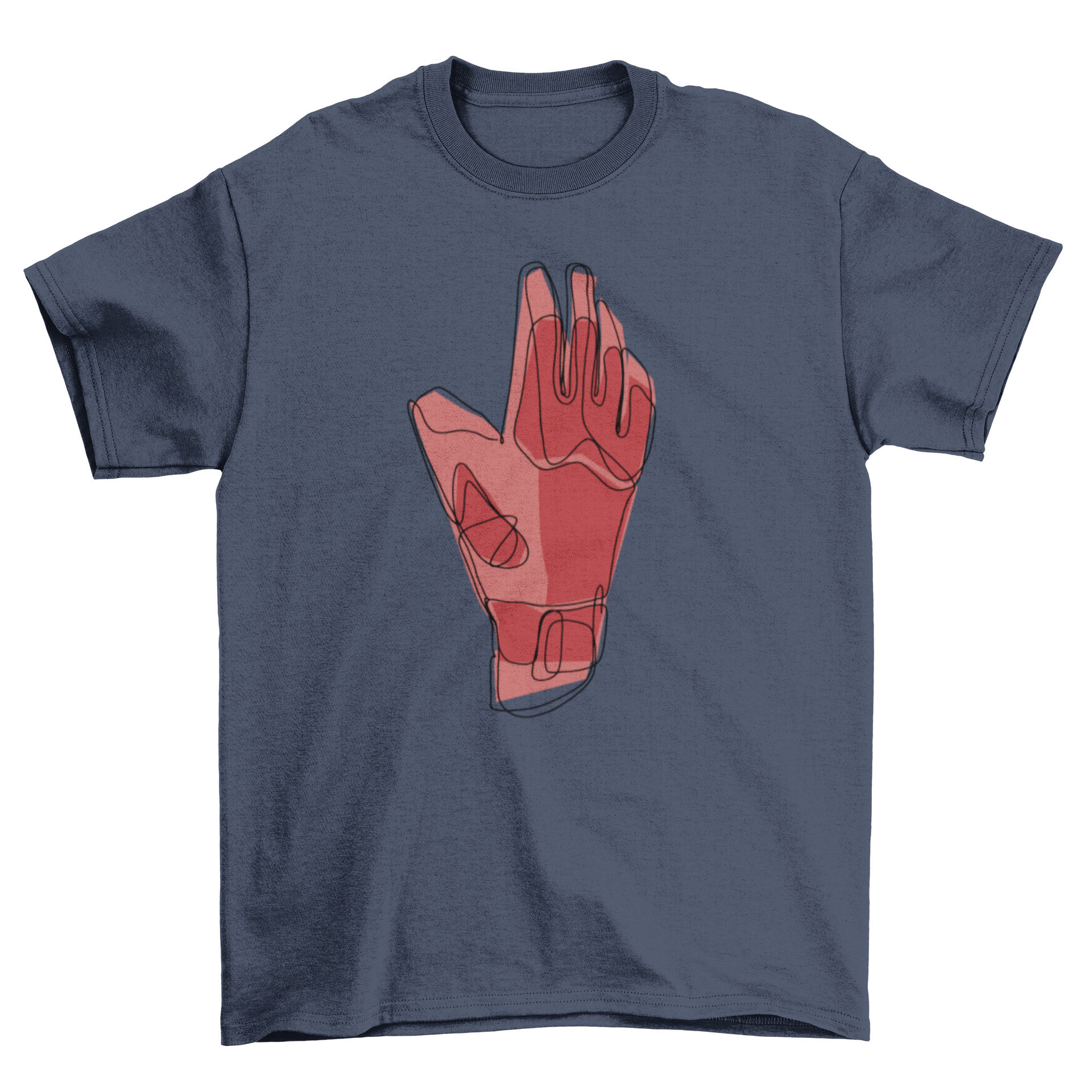 A stylish t-shirt featuring a continuous line design of a goalkeeper glove, perfect for soccer fans.