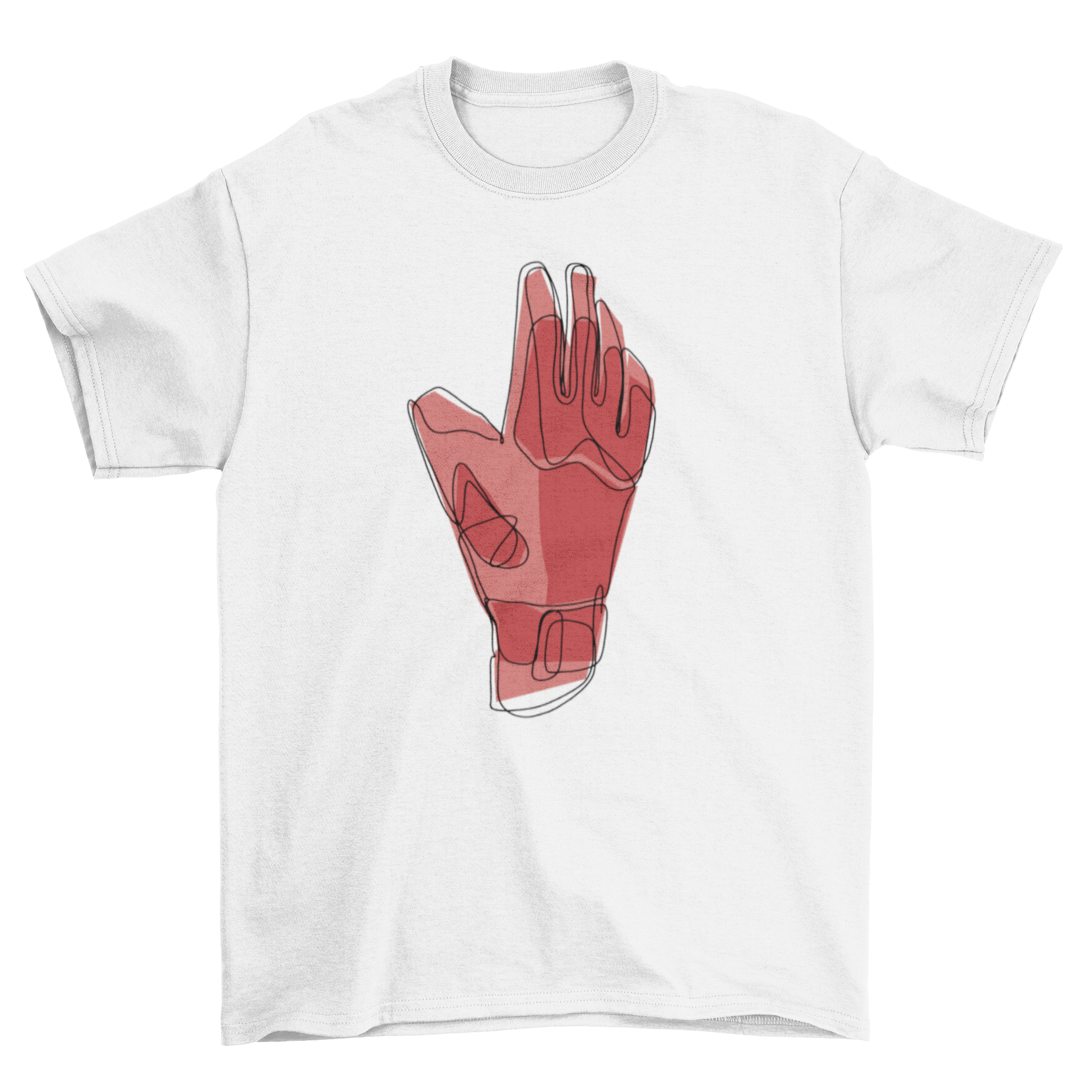 A stylish t-shirt featuring a continuous line design of a goalkeeper glove, perfect for soccer fans.