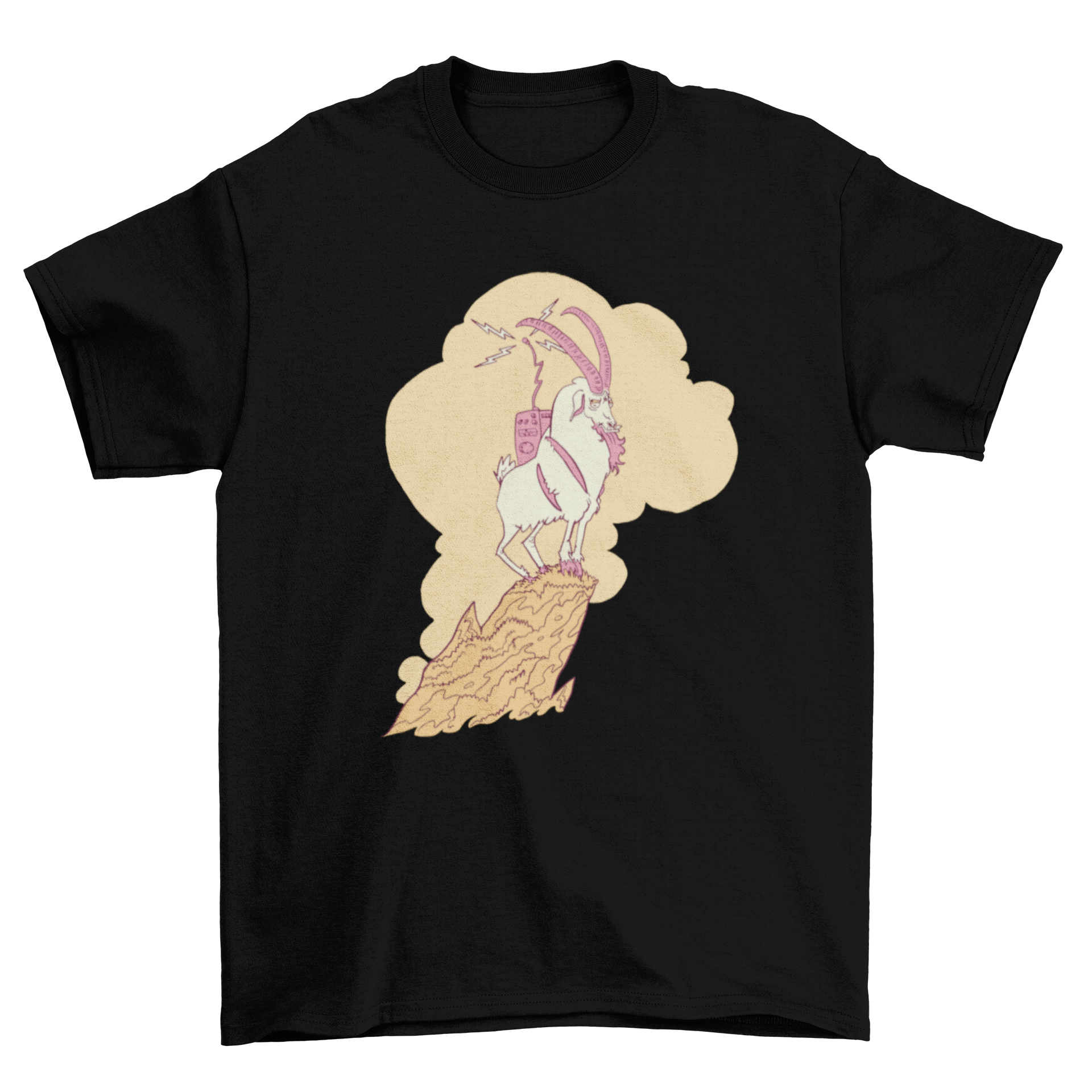 A stylish t-shirt featuring a hand-drawn goat with a vintage radio on its back, showcasing a unique and artistic design.