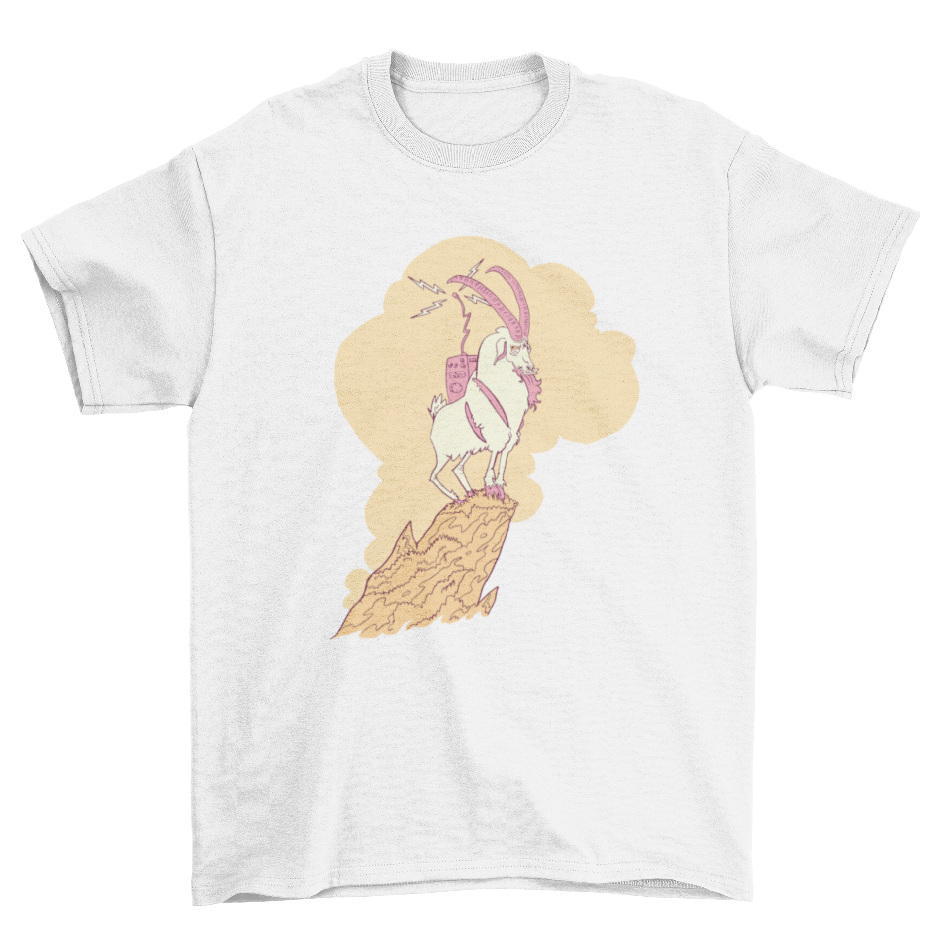 A stylish t-shirt featuring a hand-drawn goat with a vintage radio on its back, showcasing a unique and artistic design.