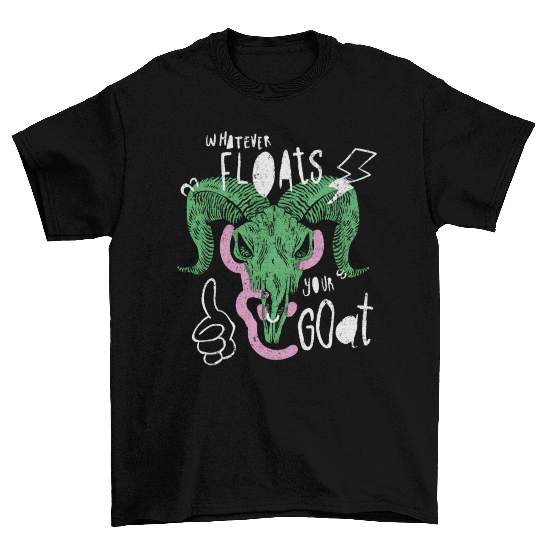 A stylish t-shirt featuring a goat skull doodle design with the quote 'Whatever floats your goat'.