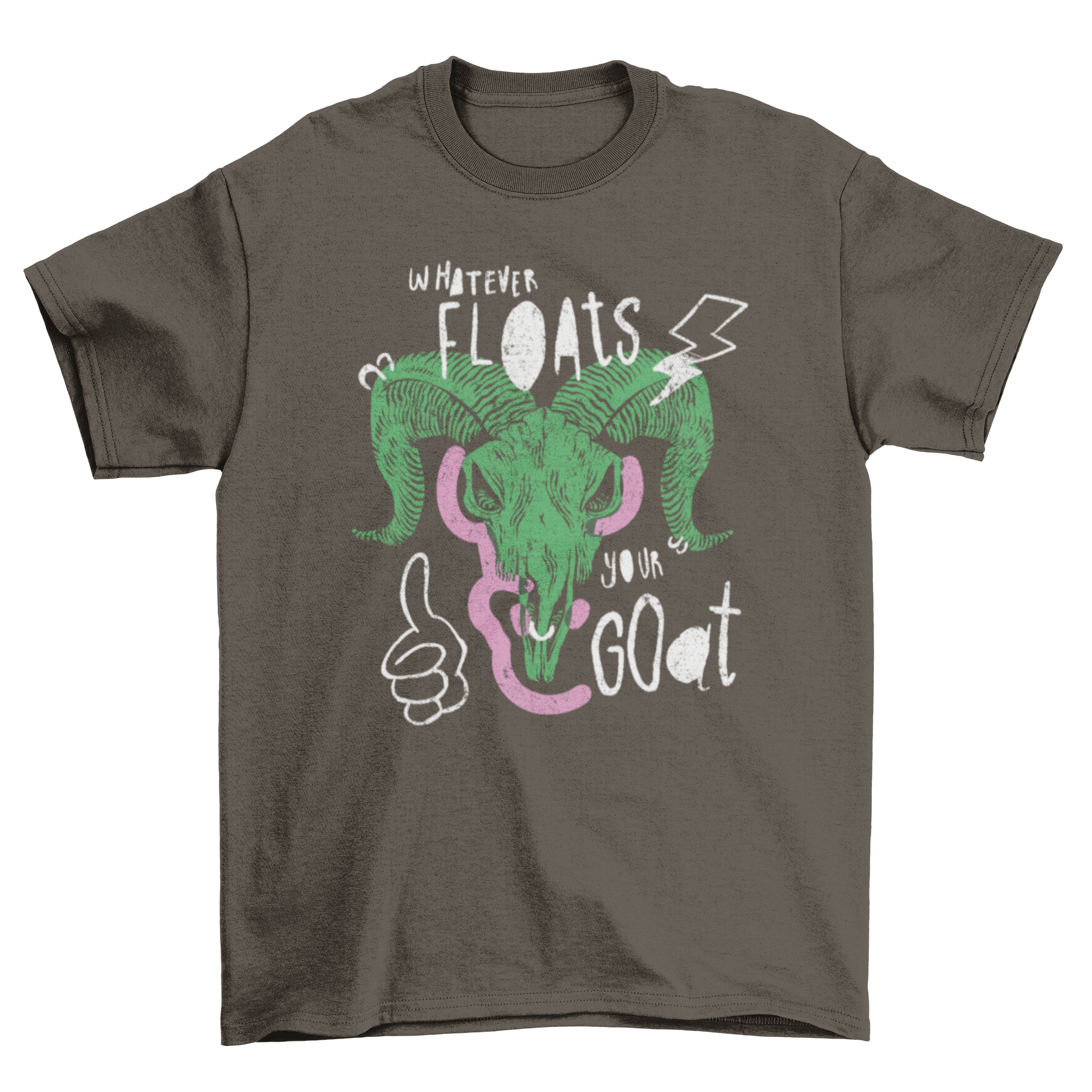 A stylish t-shirt featuring a goat skull doodle design with the quote 'Whatever floats your goat'.