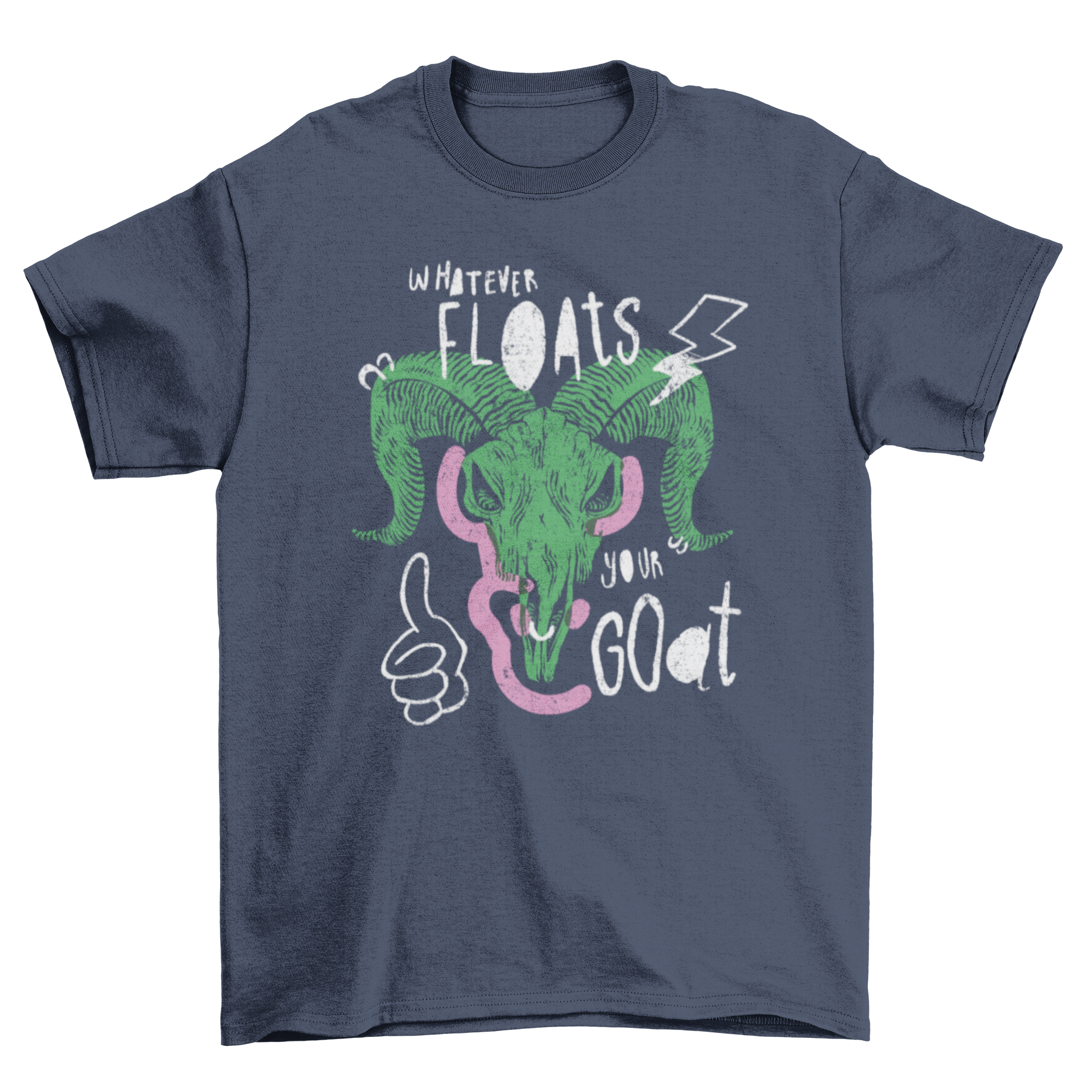 A stylish t-shirt featuring a goat skull doodle design with the quote 'Whatever floats your goat'.