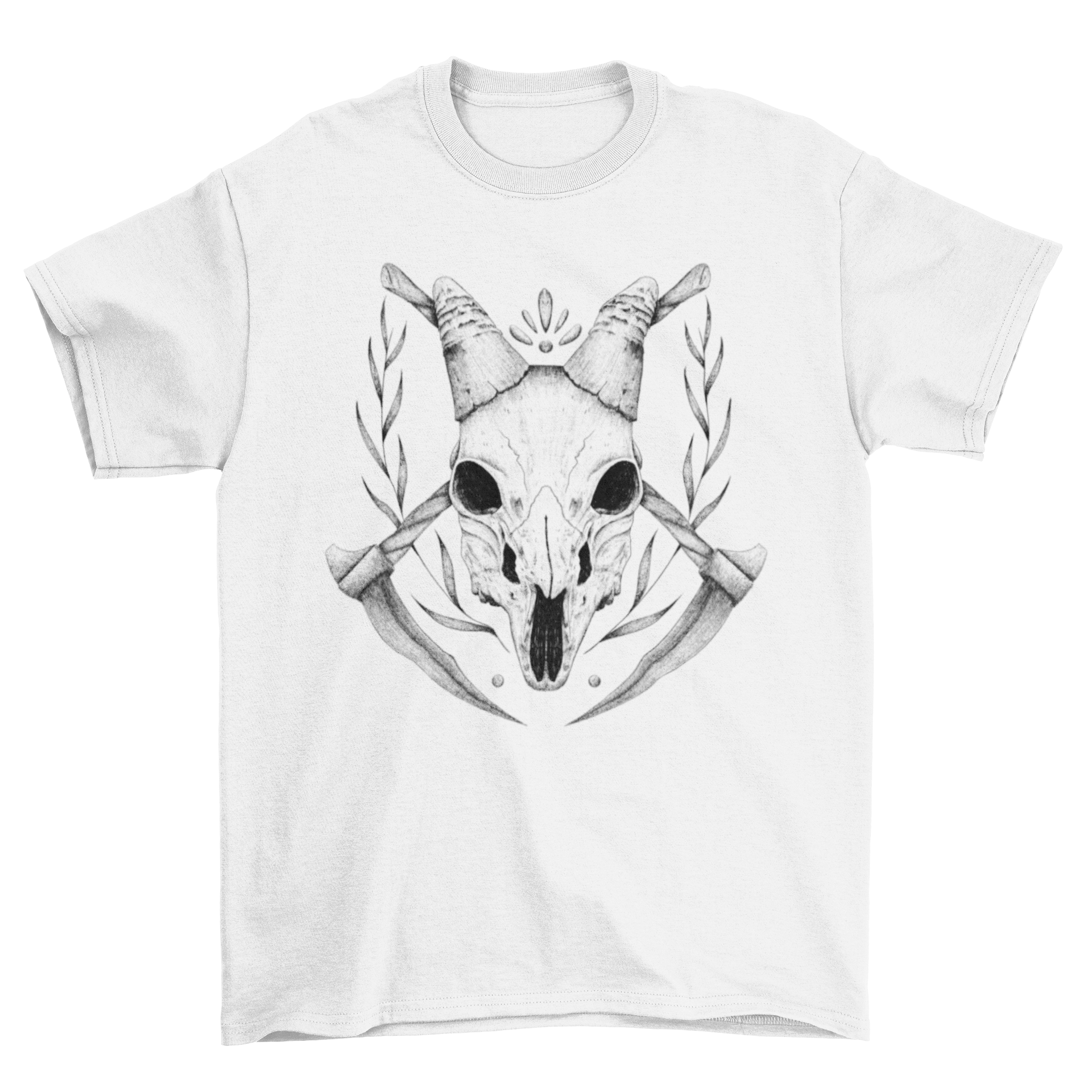 A stylish hand-drawn t-shirt featuring a goat skull design with hatchets, perfect for edgy fashion lovers.