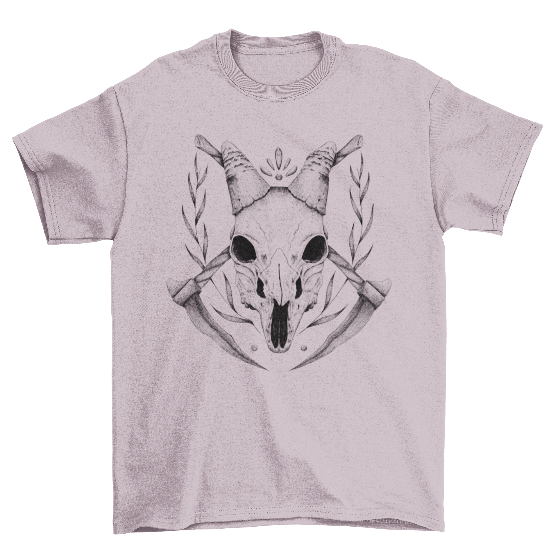 A stylish hand-drawn t-shirt featuring a goat skull design with hatchets, perfect for edgy fashion lovers.