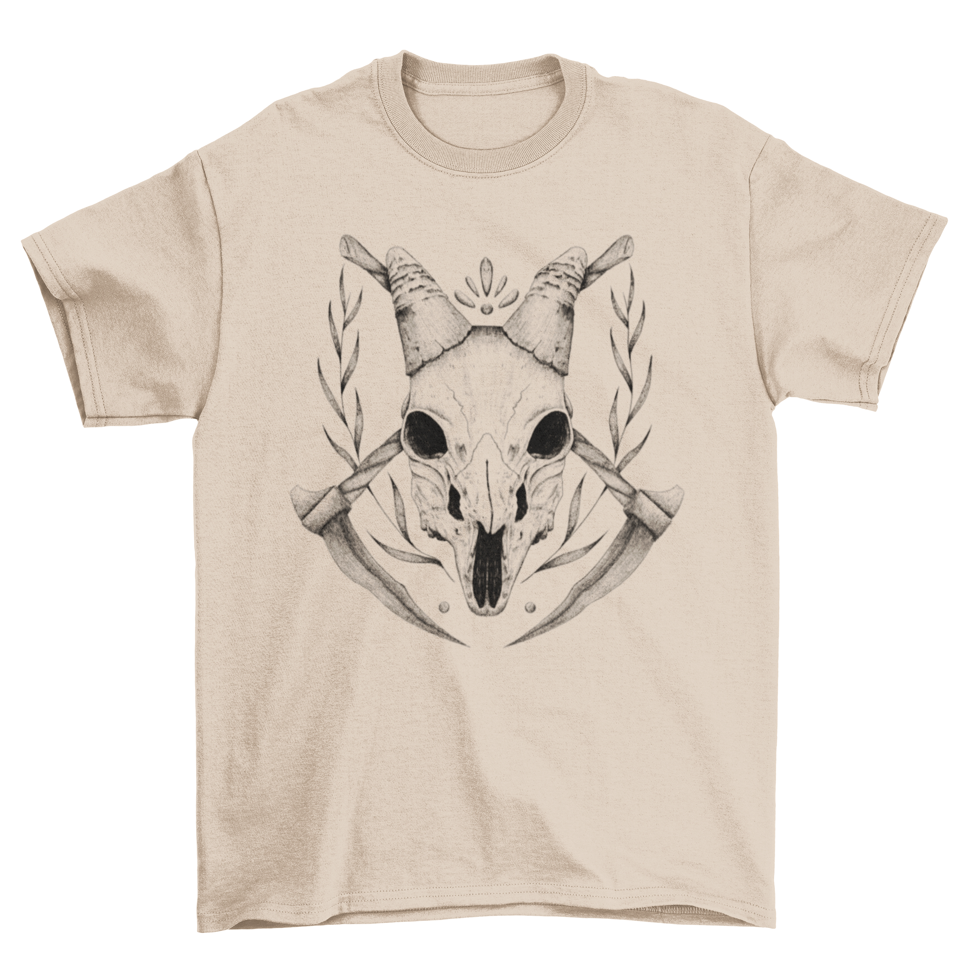 A stylish hand-drawn t-shirt featuring a goat skull design with hatchets, perfect for edgy fashion lovers.